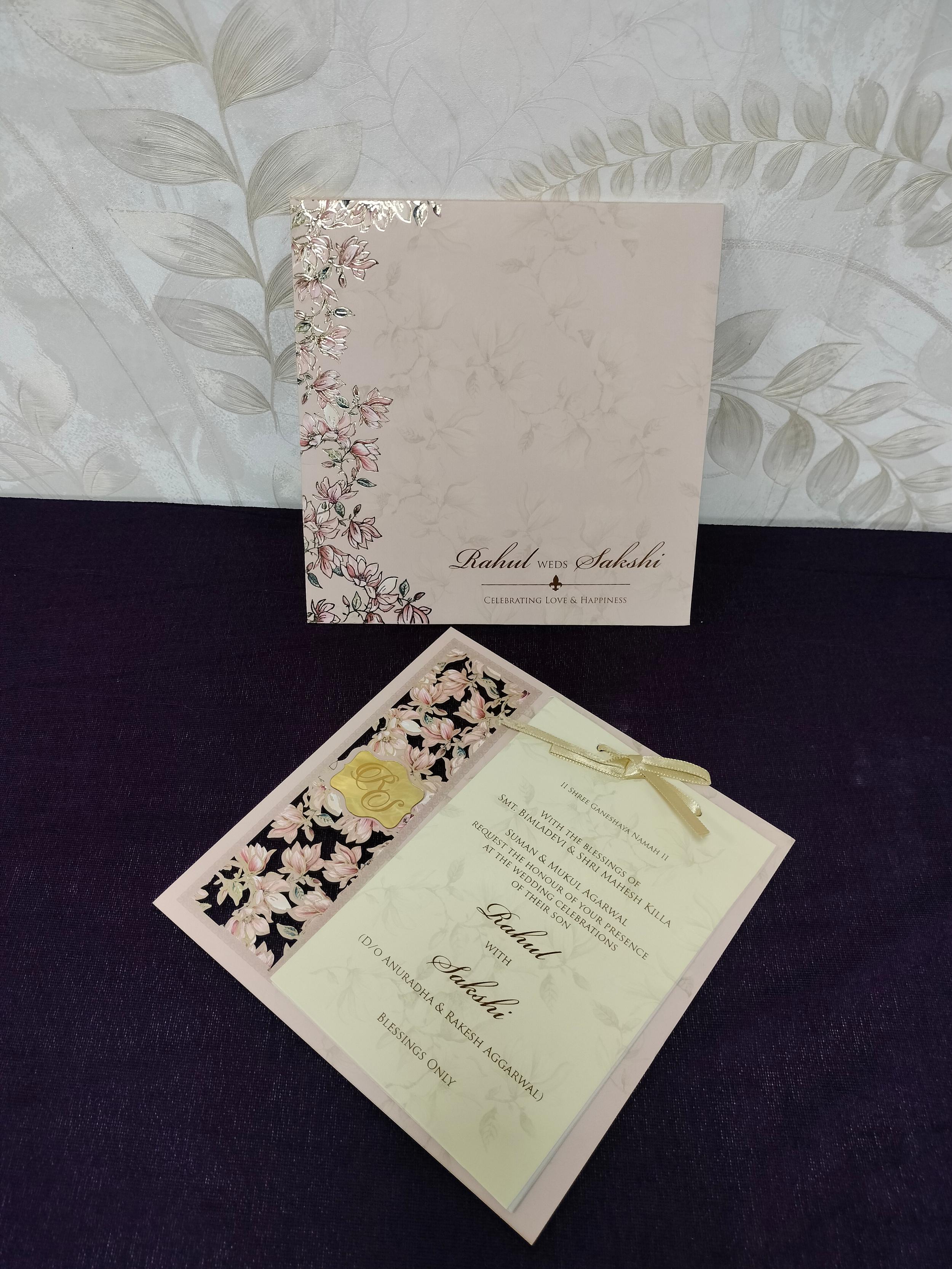 Elegant Ivory Floral Wedding Invitation Card with Silver Foil Embossed Design (3123)