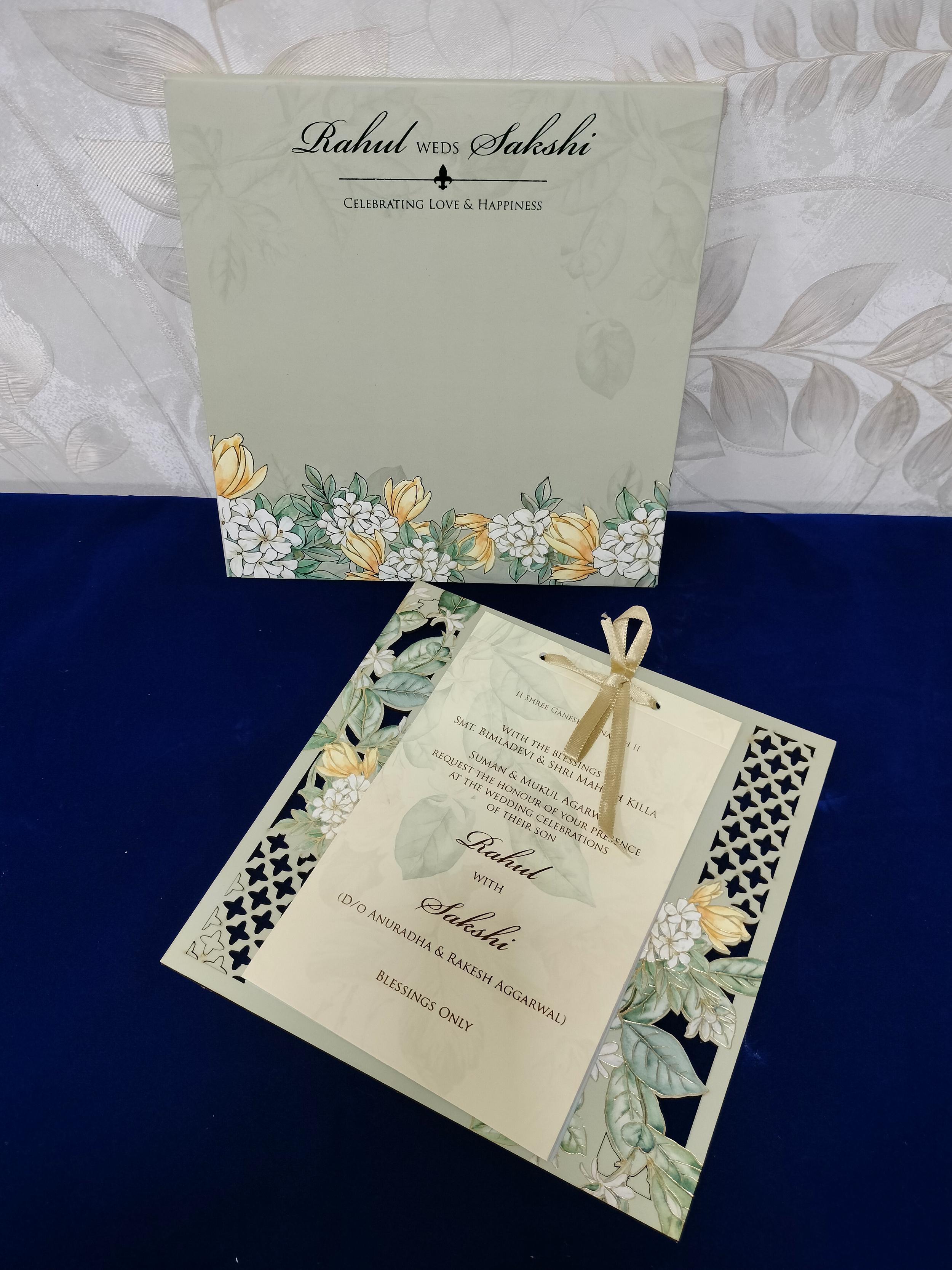 Elegant Sage Green Floral Laser Cut Wedding Invitation Card with Golden Ribbon (3126)