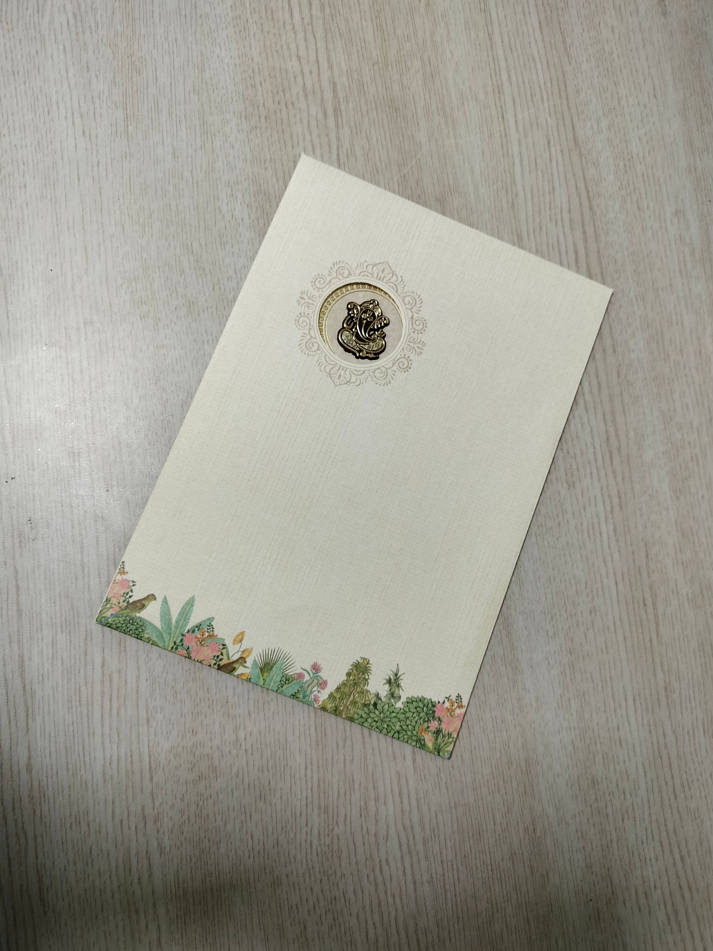 Off White Botanical Wedding Invitation Card with Golden Ganesha Motif (313072) — photo 3
