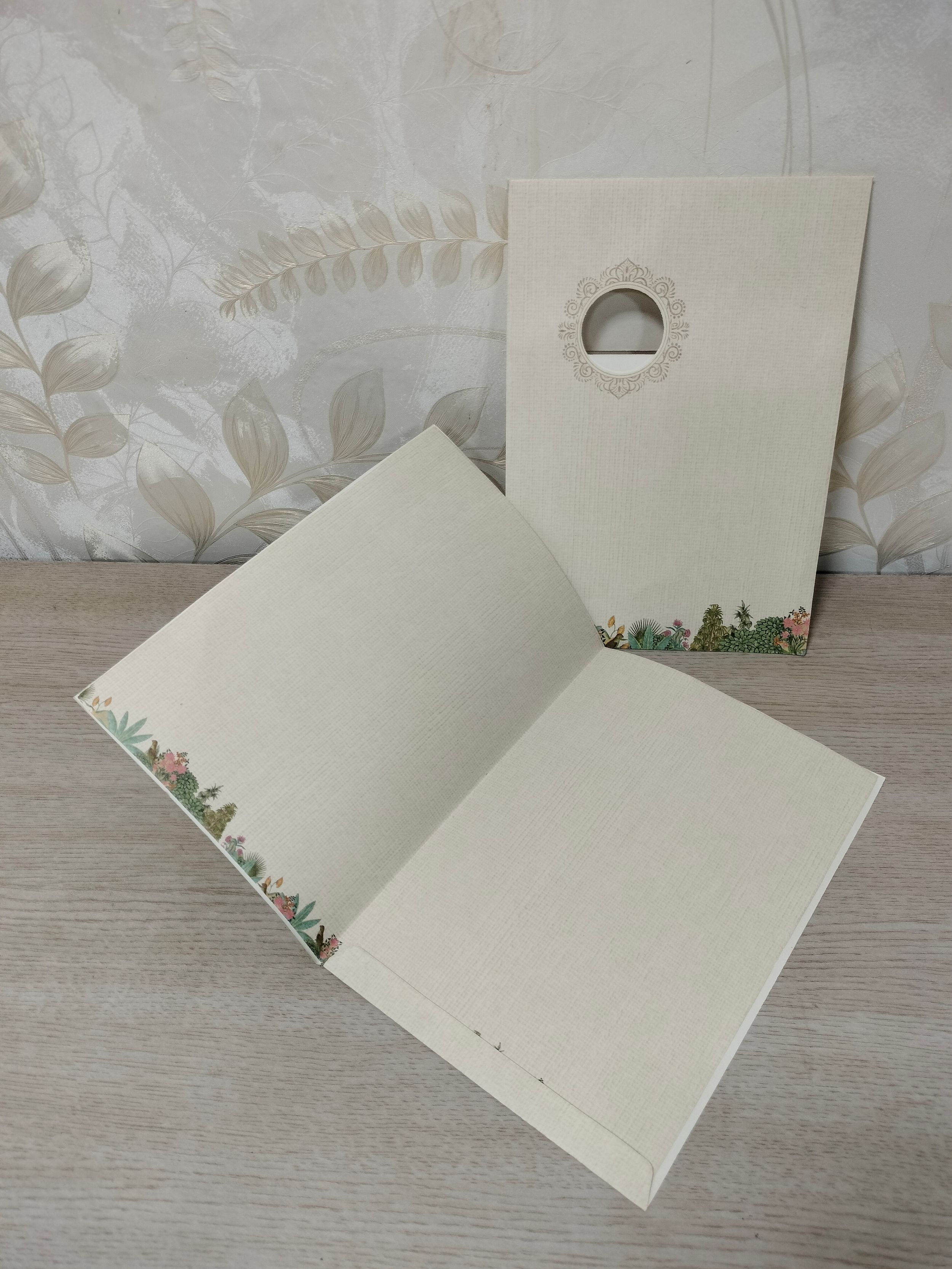 Off White Botanical Wedding Invitation Card with Golden Ganesha Motif (313072) — photo 4