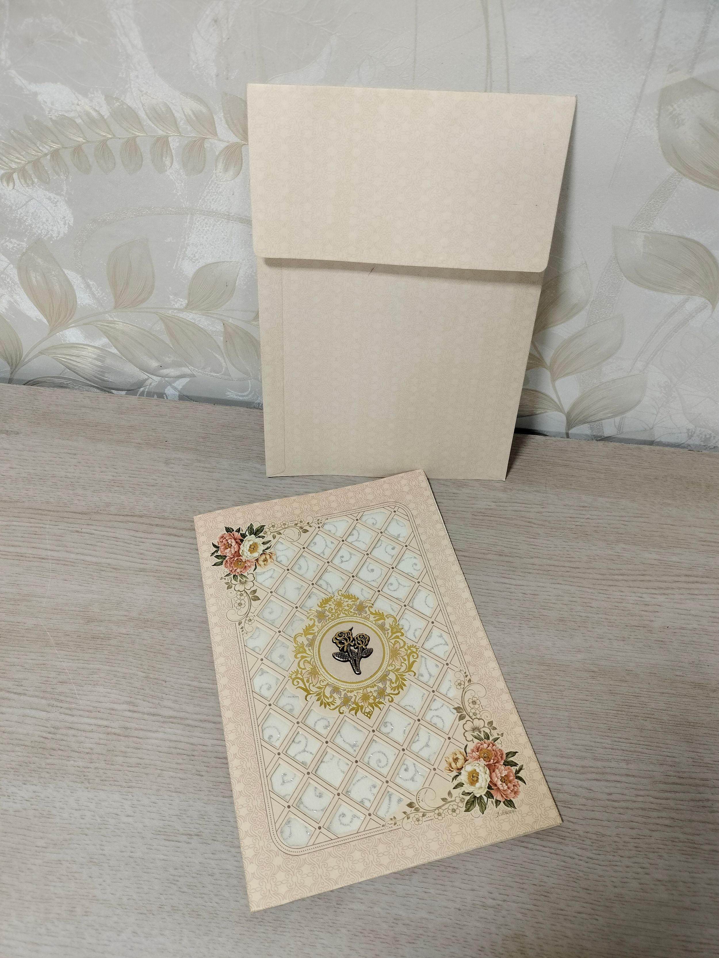 Pastel Peach Wedding Invitation Card with Lattice Pattern and Floral Accents (313073) — photo 1
