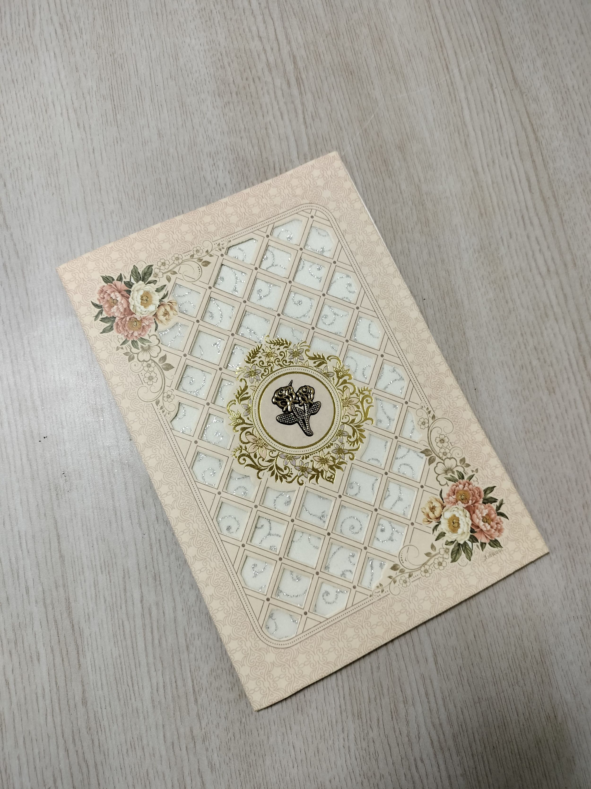Pastel Peach Wedding Invitation Card with Lattice Pattern and Floral Accents (313073) — photo 2