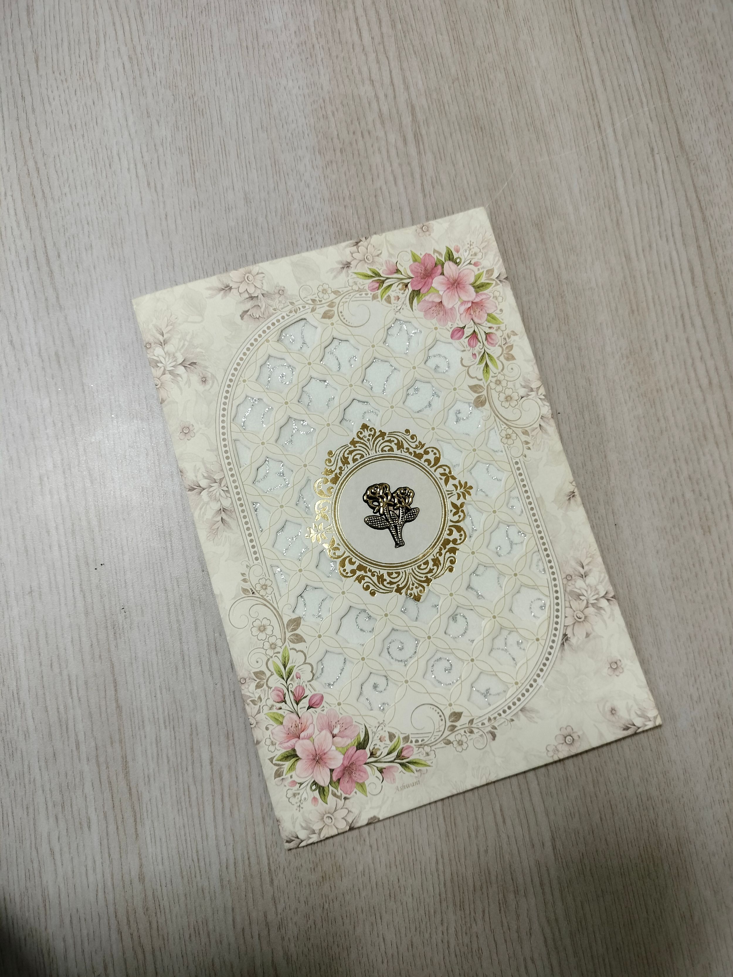 Cream Floral Wedding Invitation Card with Arch Pattern and Gold Center Motif (313074) — photo 2