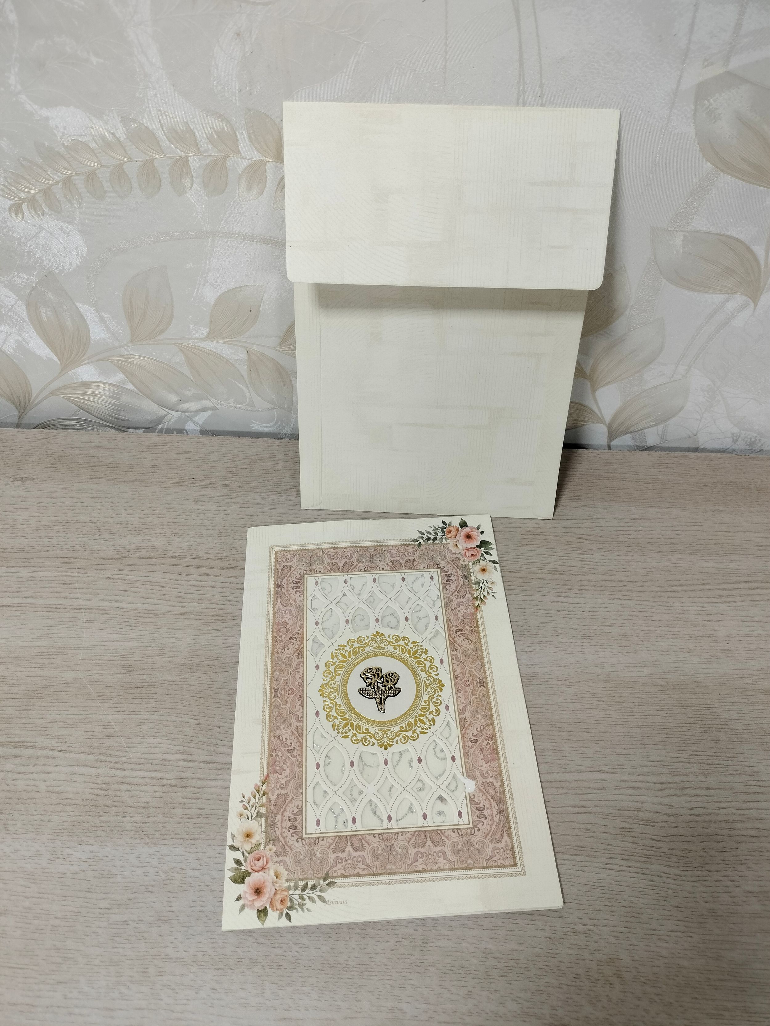 Cream and Pink Floral Wedding Card with Gold Central Motif (313075) — photo 1