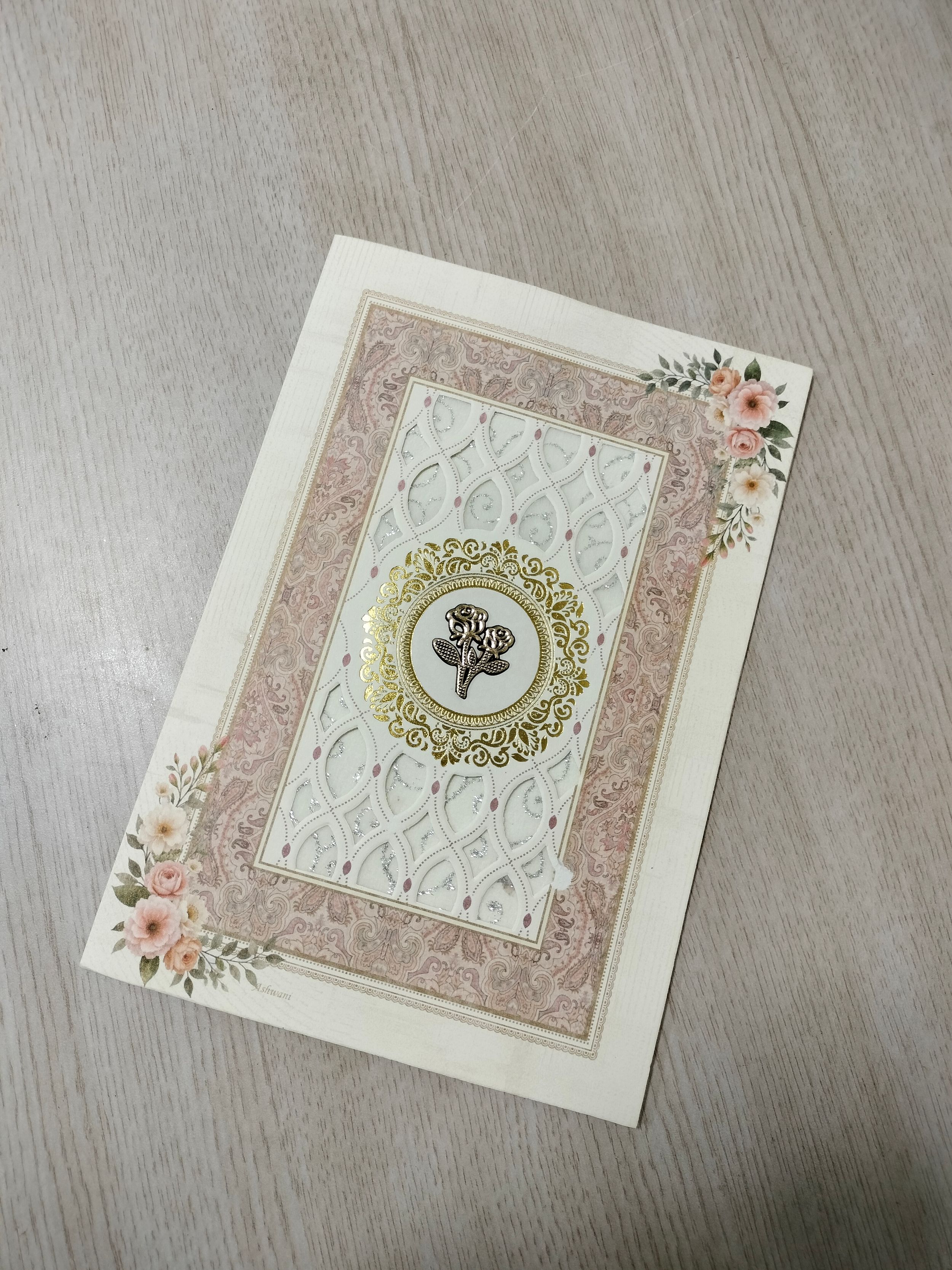 Cream and Pink Floral Wedding Card with Gold Central Motif (313075) — photo 2