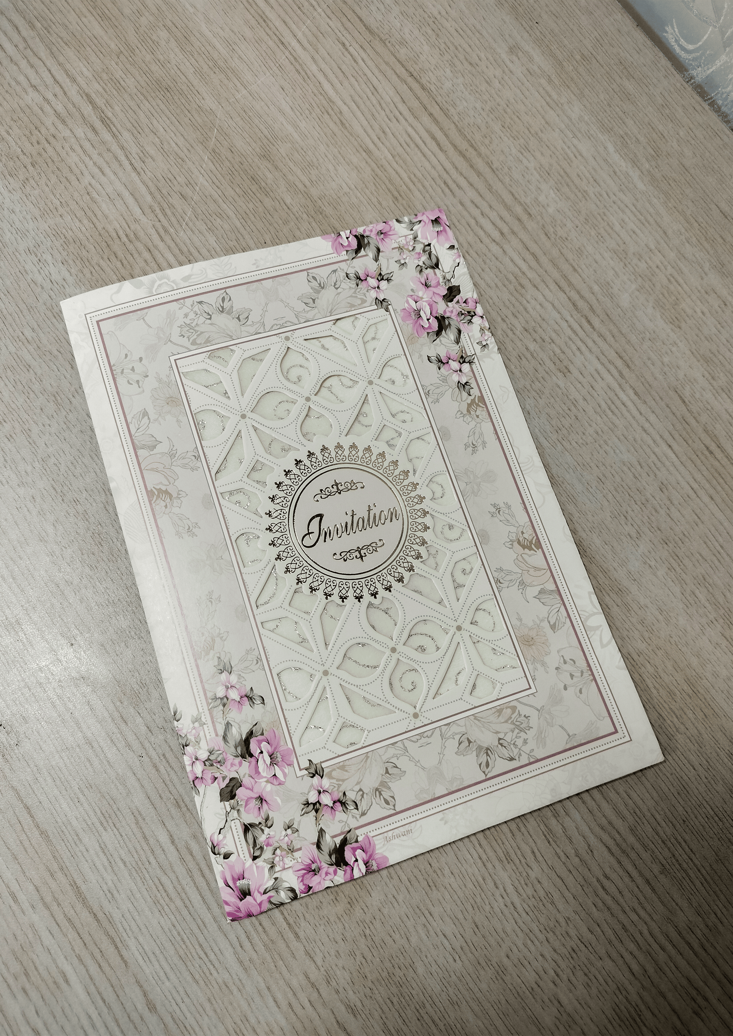 Off White Invitation Card with Pink Corner Flowers and Geometric Pattern (313079) — photo 2