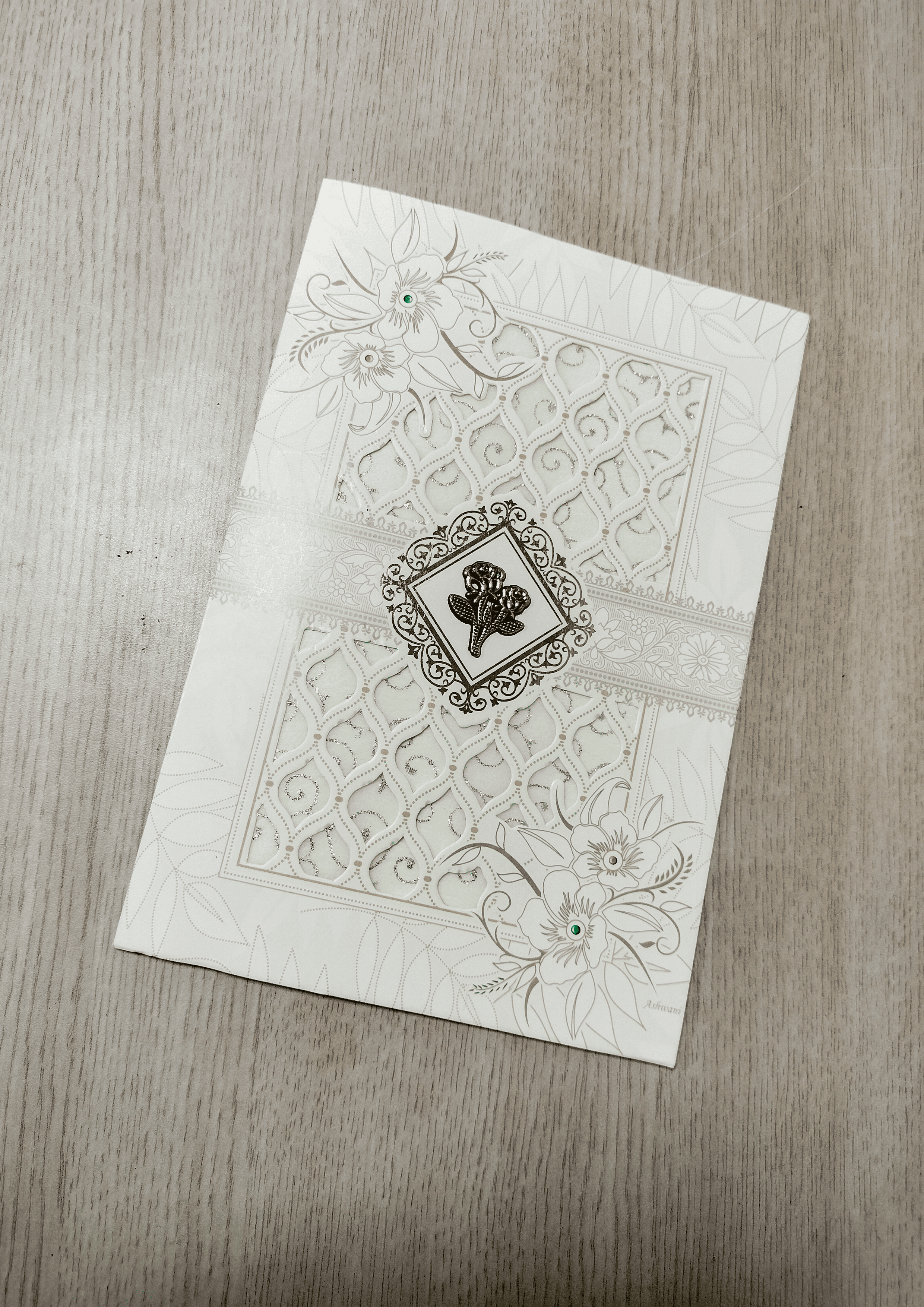 Off White Wedding Invitation Card with Ganesha Symbol and Floral Lattice Pattern (313081) — photo 2