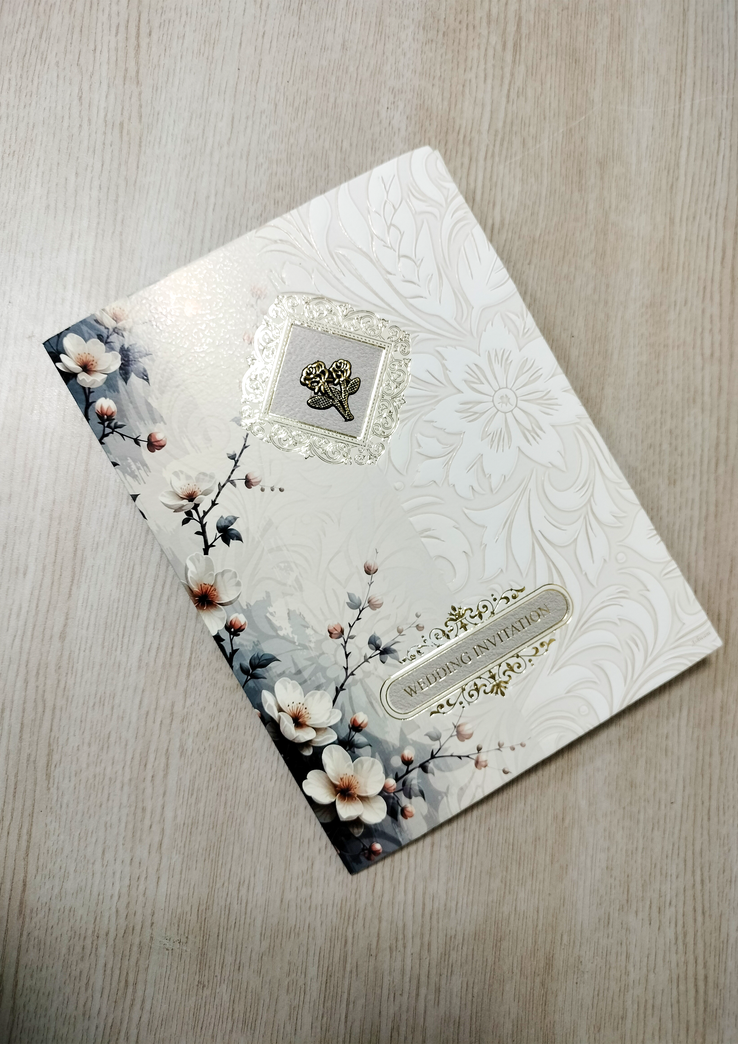 Off-White Wedding Invitation Card with Floral Artwork and Gold Emblem (313082) — photo 2