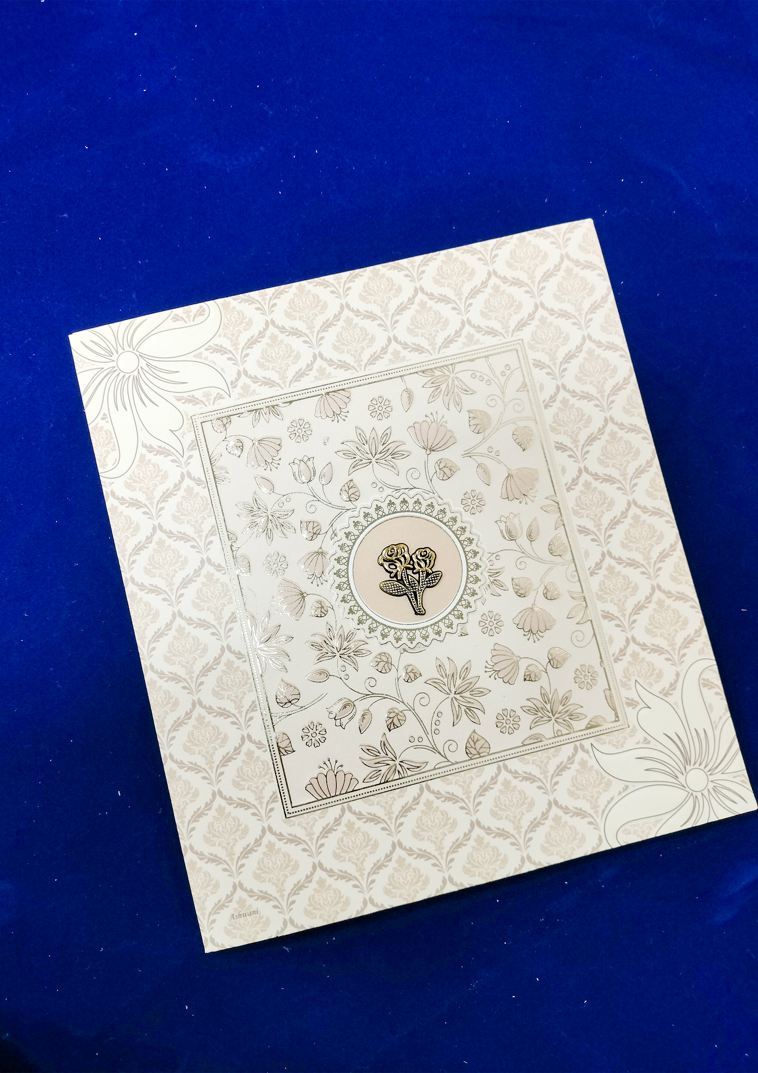 Square Cream Wedding Invitation Card with Damask Pattern and Rose Motif Centerpiece (313084) — photo 2