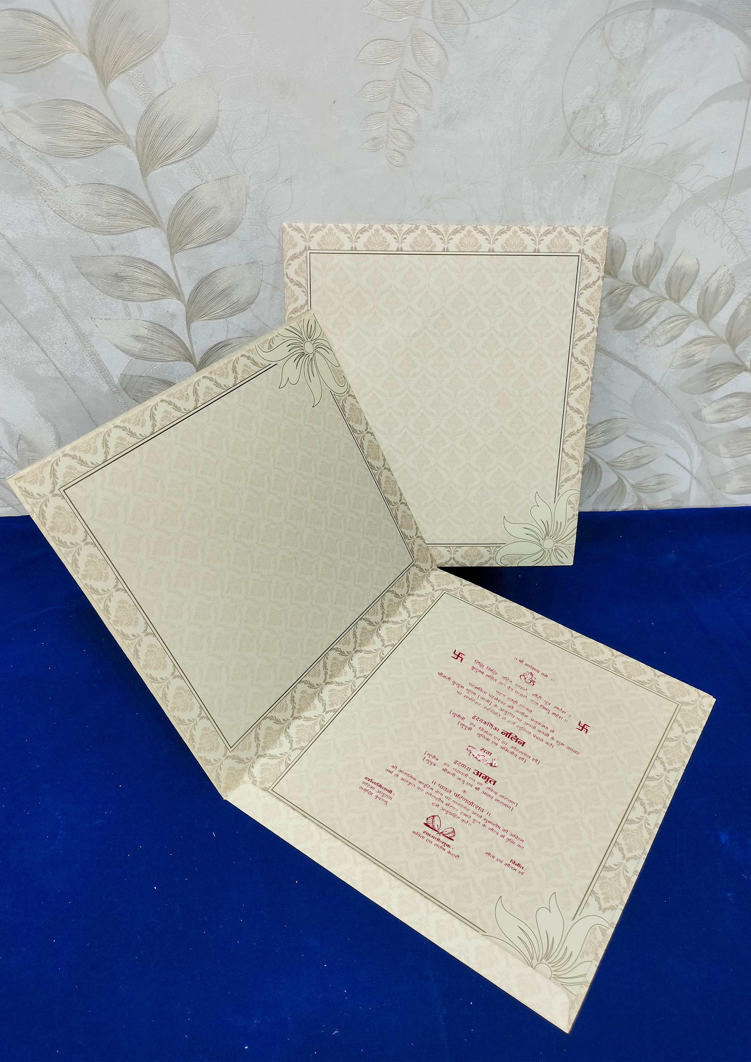 Square Cream Wedding Invitation Card with Damask Pattern and Rose Motif Centerpiece (313084) — photo 4