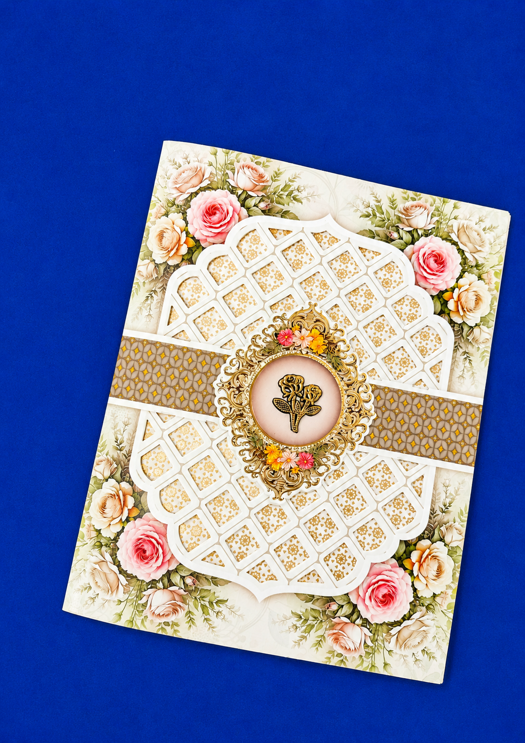 Floral Wedding Invitation Card with White Lattice Overlay and Golden Frame (313086) — photo 2