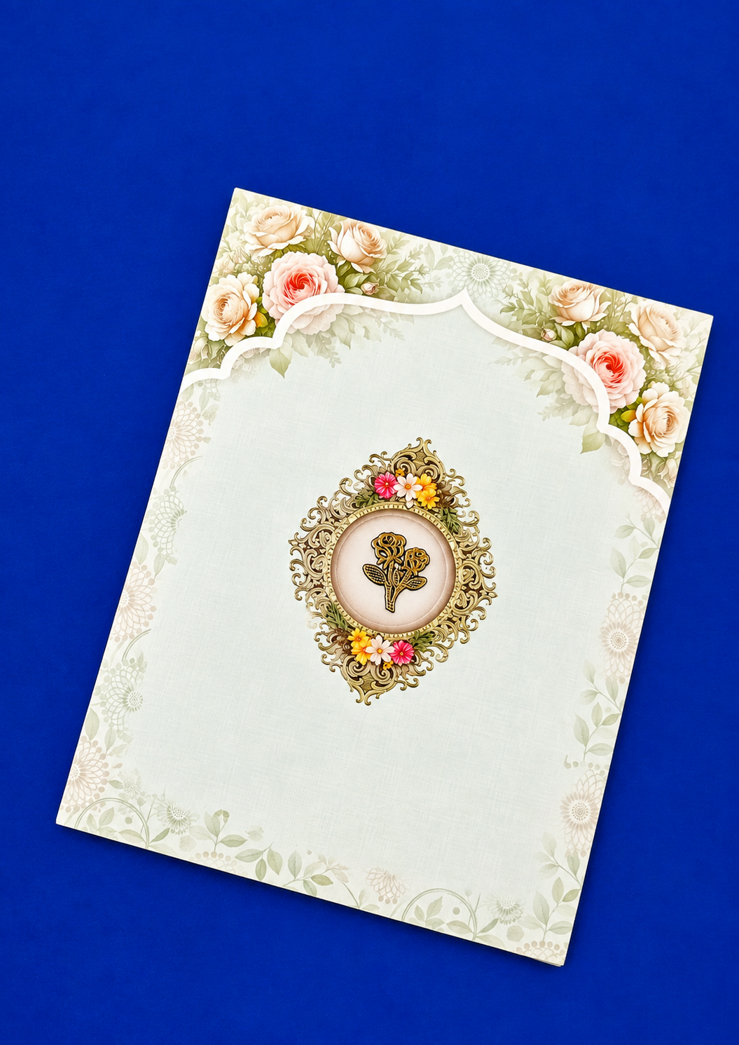 Floral Wedding Invitation Card with White Lattice Overlay and Golden Frame (313086) — photo 3