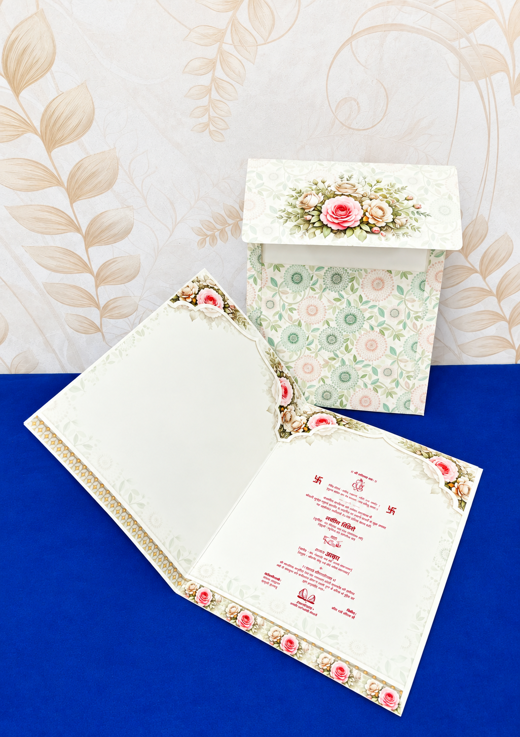 Floral Wedding Invitation Card with White Lattice Overlay and Golden Frame (313086) — photo 4