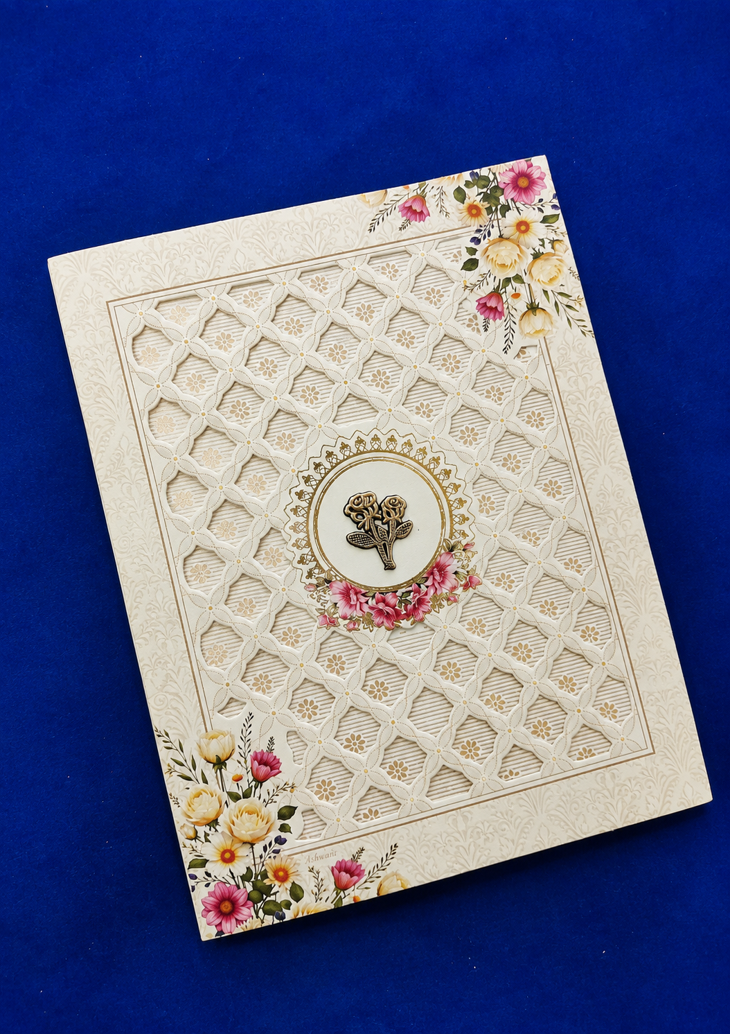 Off White Floral Wedding Invitation Card with Geometric Lattice Pattern (313089) — photo 2