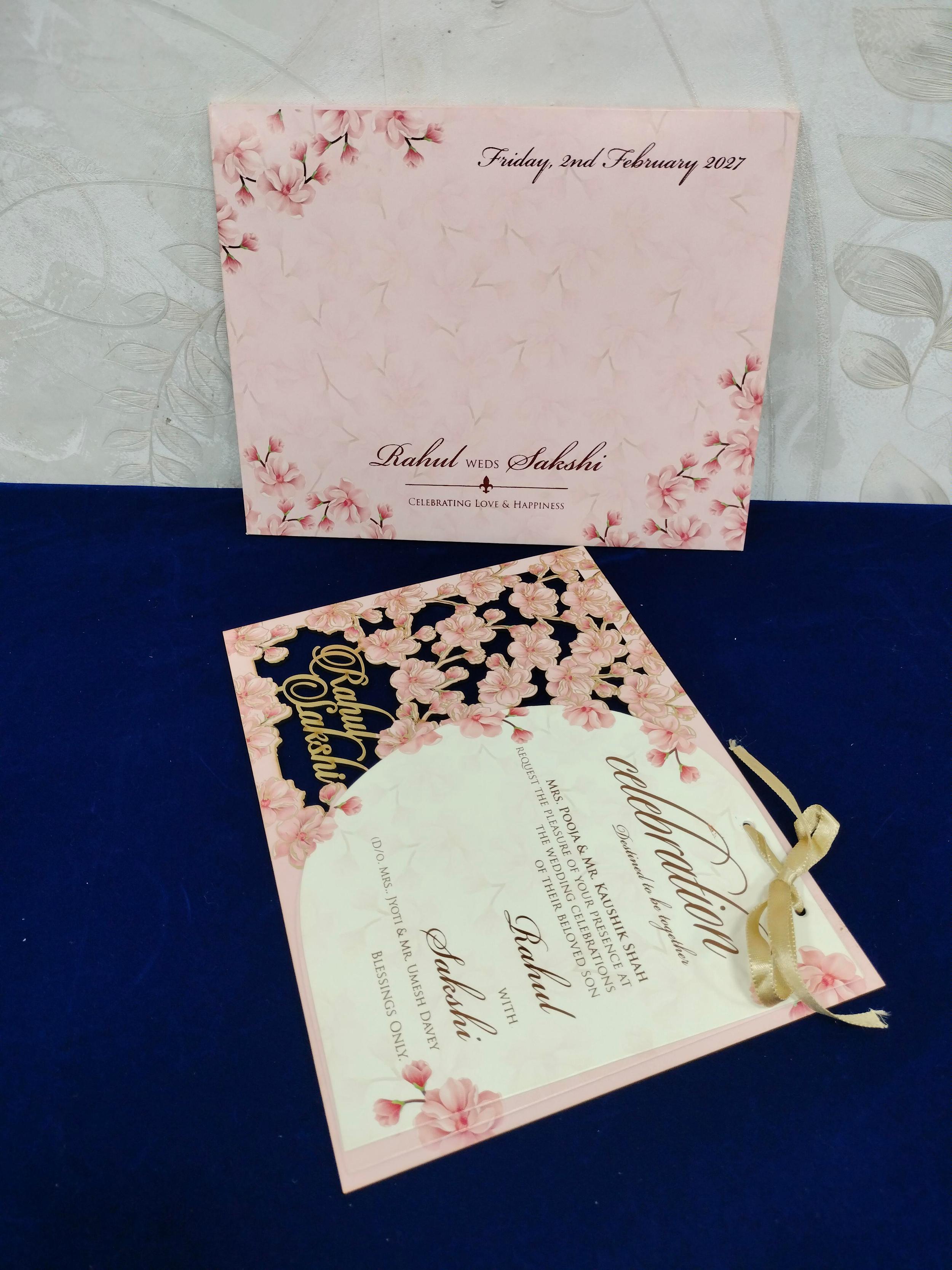 Elegant Ivory Wedding Invitation Card with Blush Pink Cherry Blossom Floral Design (3285)