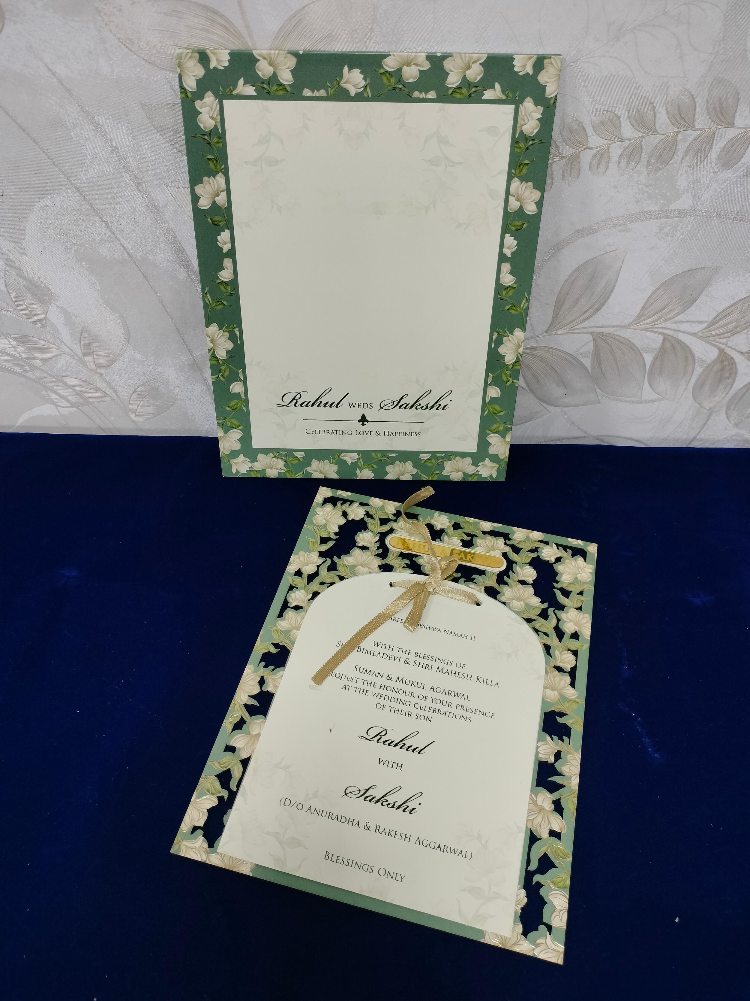 Sage Green Floral Laser Cut Wedding Invitation Card with Ivory Arch Insert and Golden Ribbon (3289)