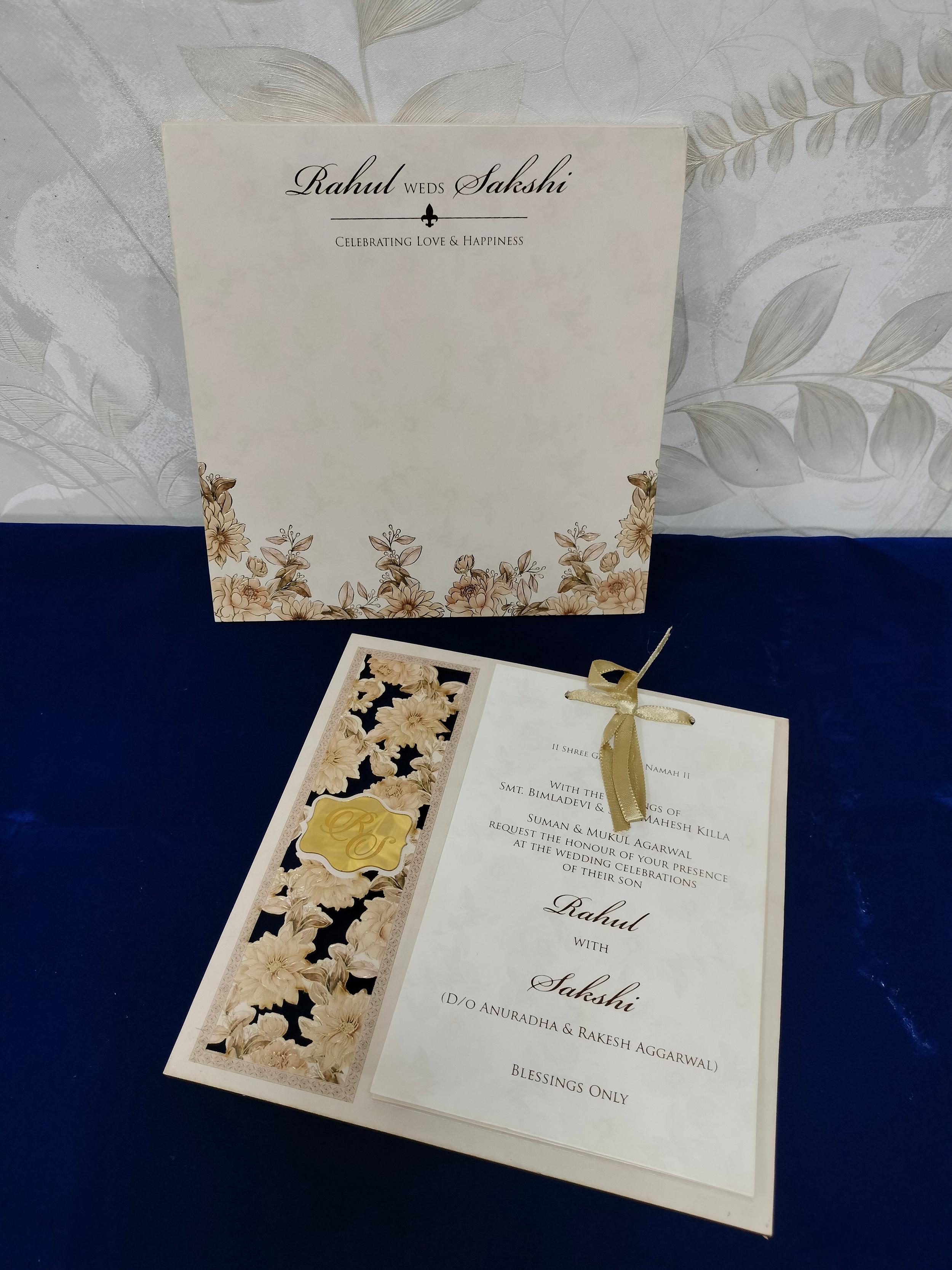 Champagne Gold Floral Laser Cut Wedding Invitation Card with Ivory Insert and Satin Ribbon (3291)