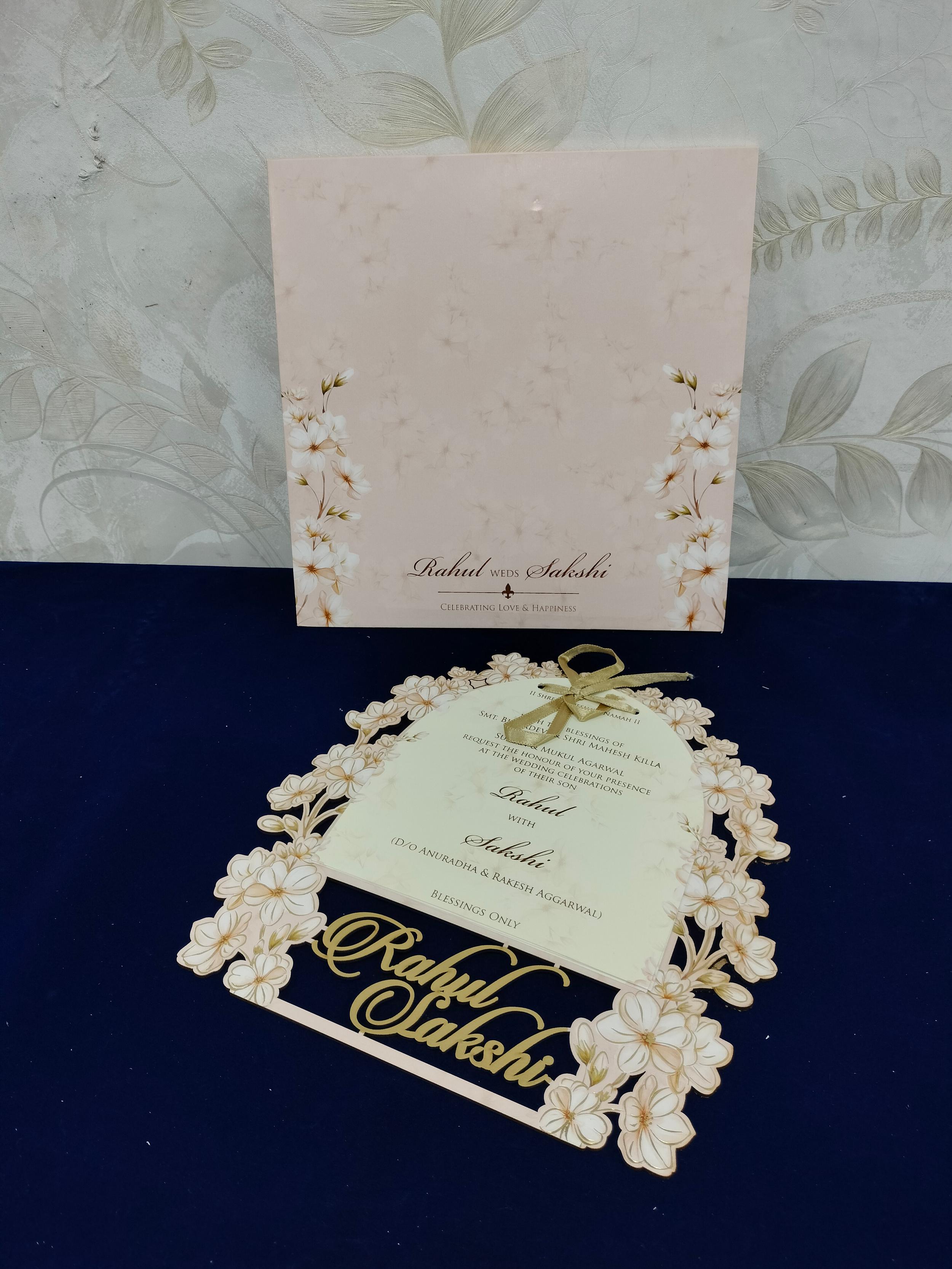 Ivory Floral Die Cut Wedding Invitation Card with Gold Foil Lettering and Ribbon Bow (3359)