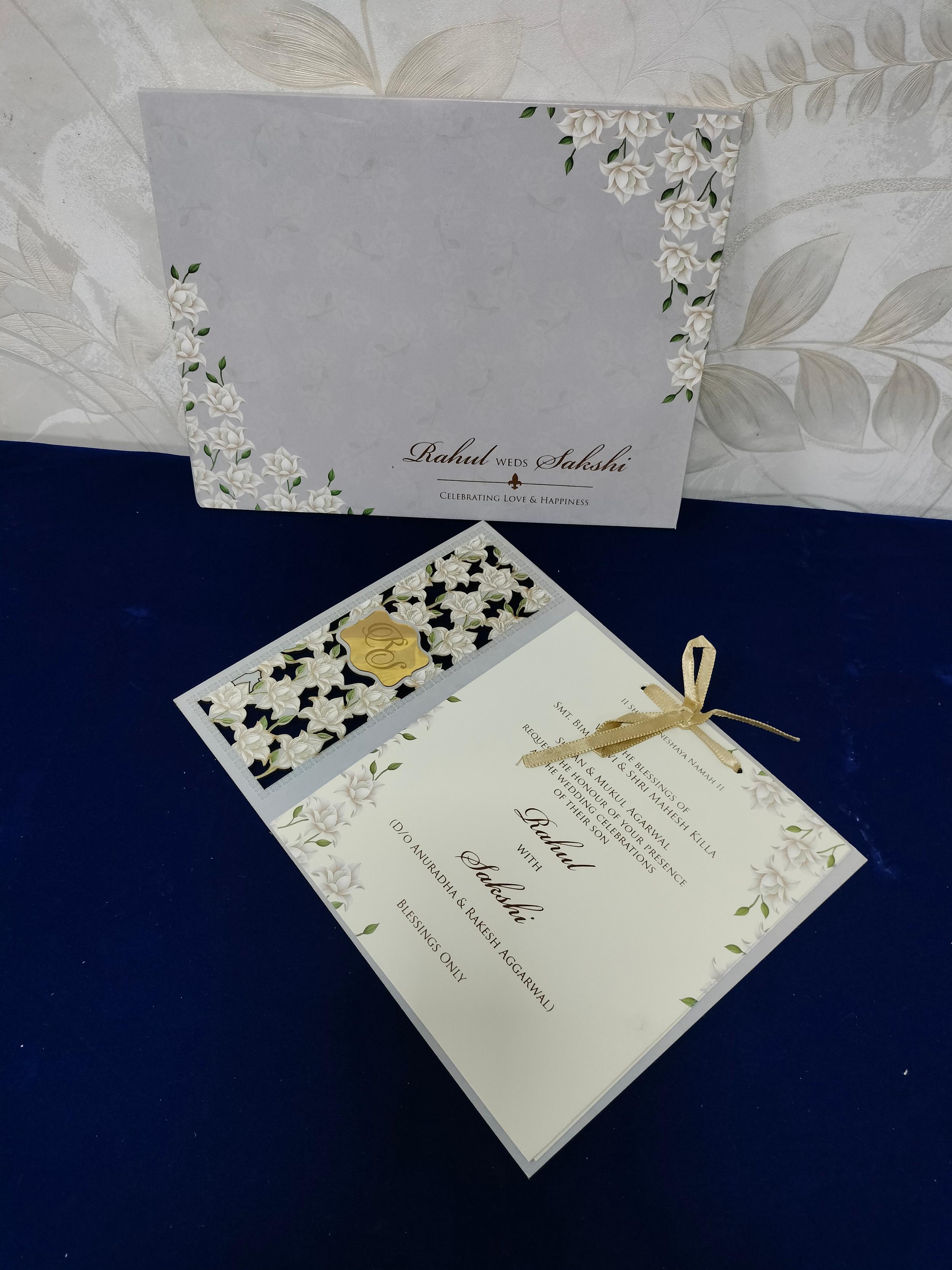 White Blossom Laser Cut Wedding Invitation Card with Gold Monogram and Champagne Ribbon (3366)