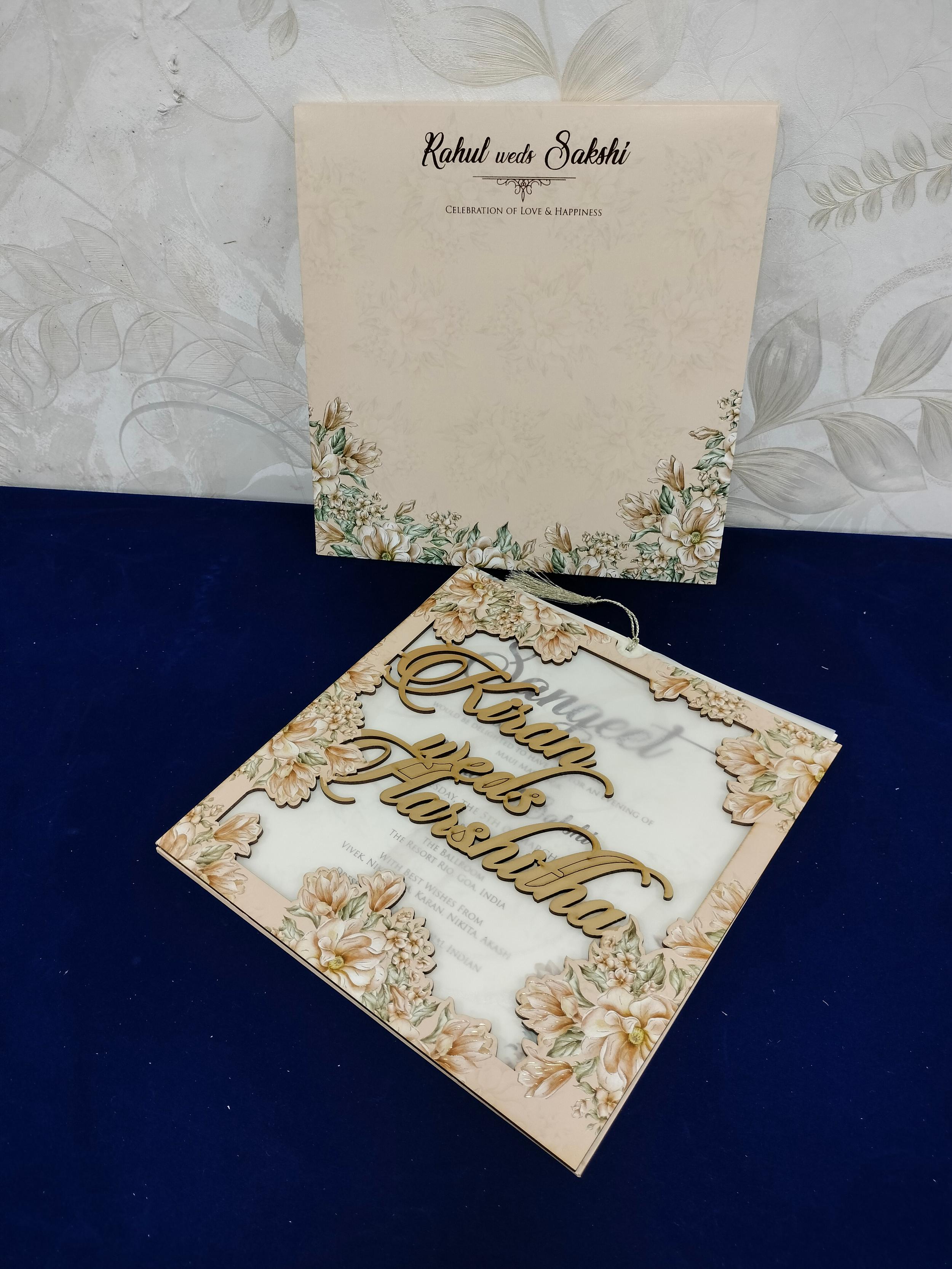 Pearl Ivory Wedding Invitation Card with Shimmering Silver Floral Border and Botanical Design (3367)