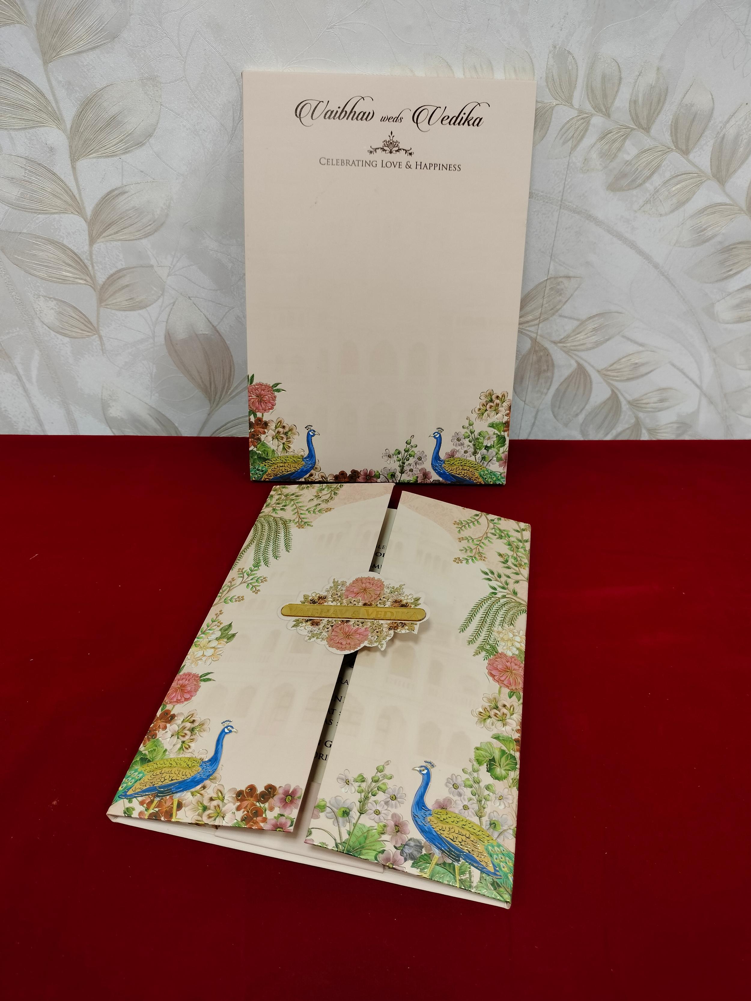 Majestic Peacock Garden Wedding Invitation Card with Floral Gatefold Design and Gold Foil Accents (3371)