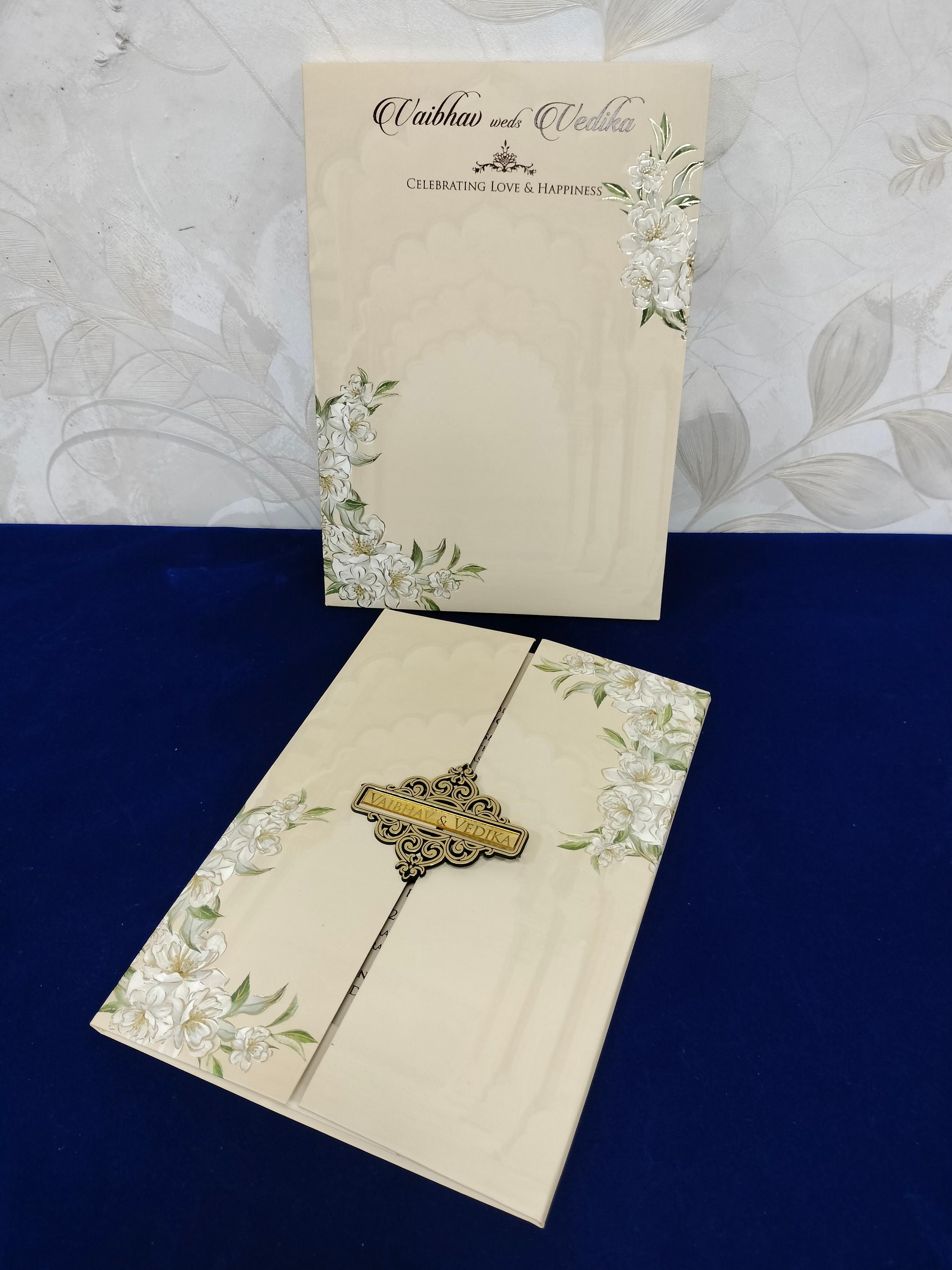 Ivory White Floral Gatefold Wedding Invitation Card with Gold Monogram and Embossed Botanical Design (3373)