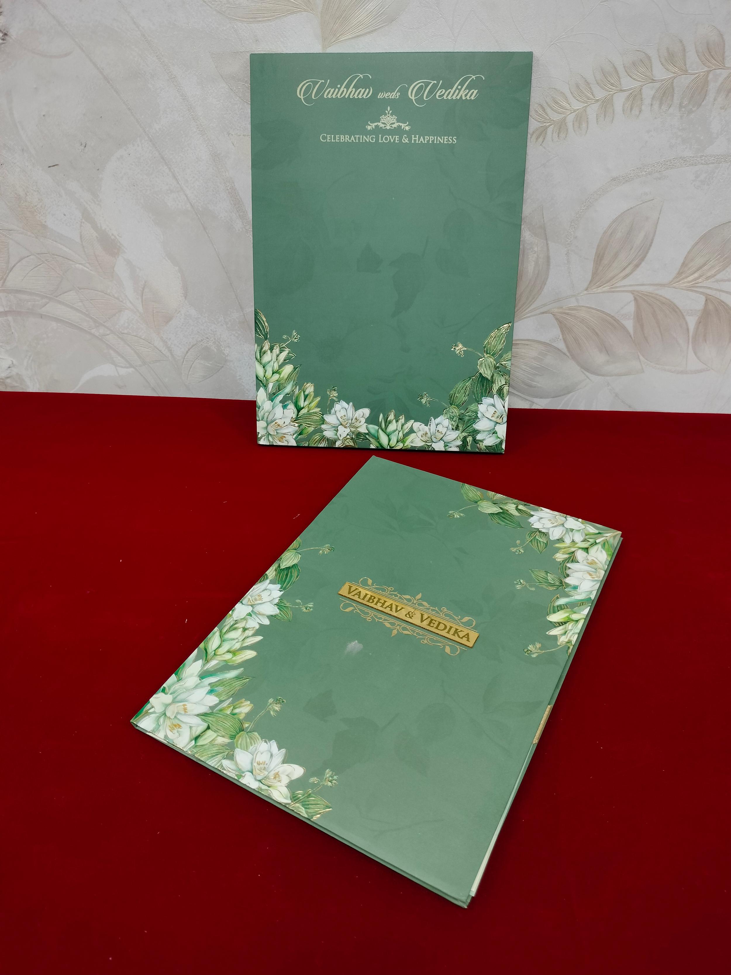 Jade Green Lily Floral Wedding Invitation Card with Gold Foil Detailing and Botanical Design (3374)