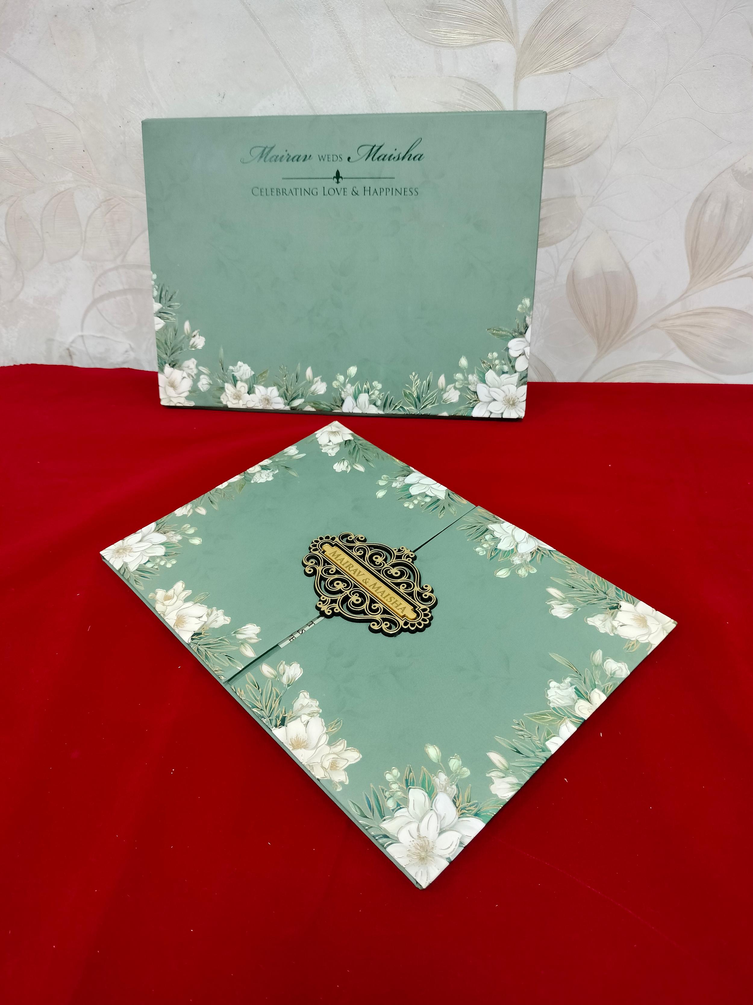 Sea Green Floral Gatefold Wedding Invitation Card with Ornate Gold Monogram and White Blossom Design (3408)