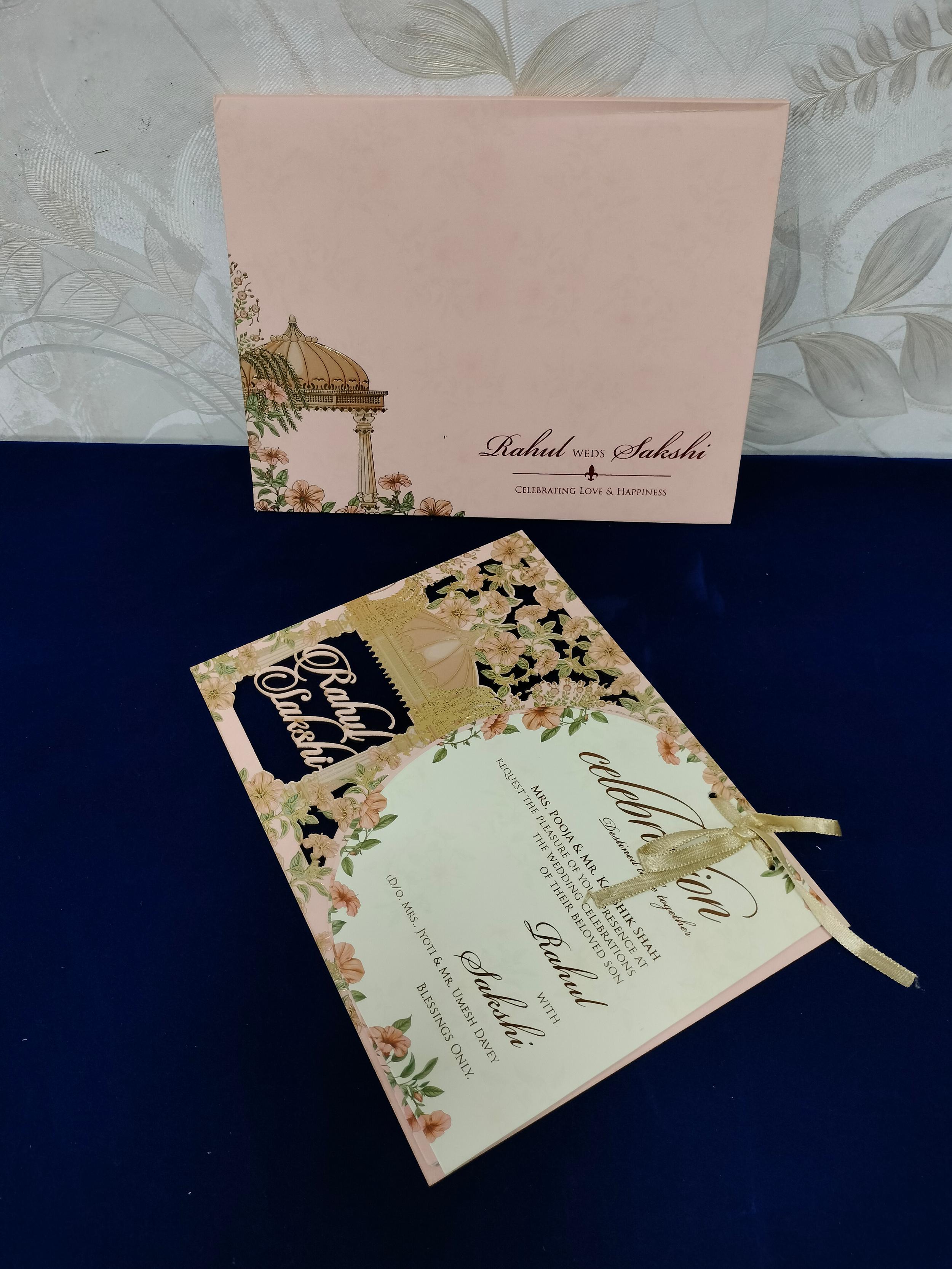 Blush Pink Floral Laser Cut Wedding Invitation Card (3474)