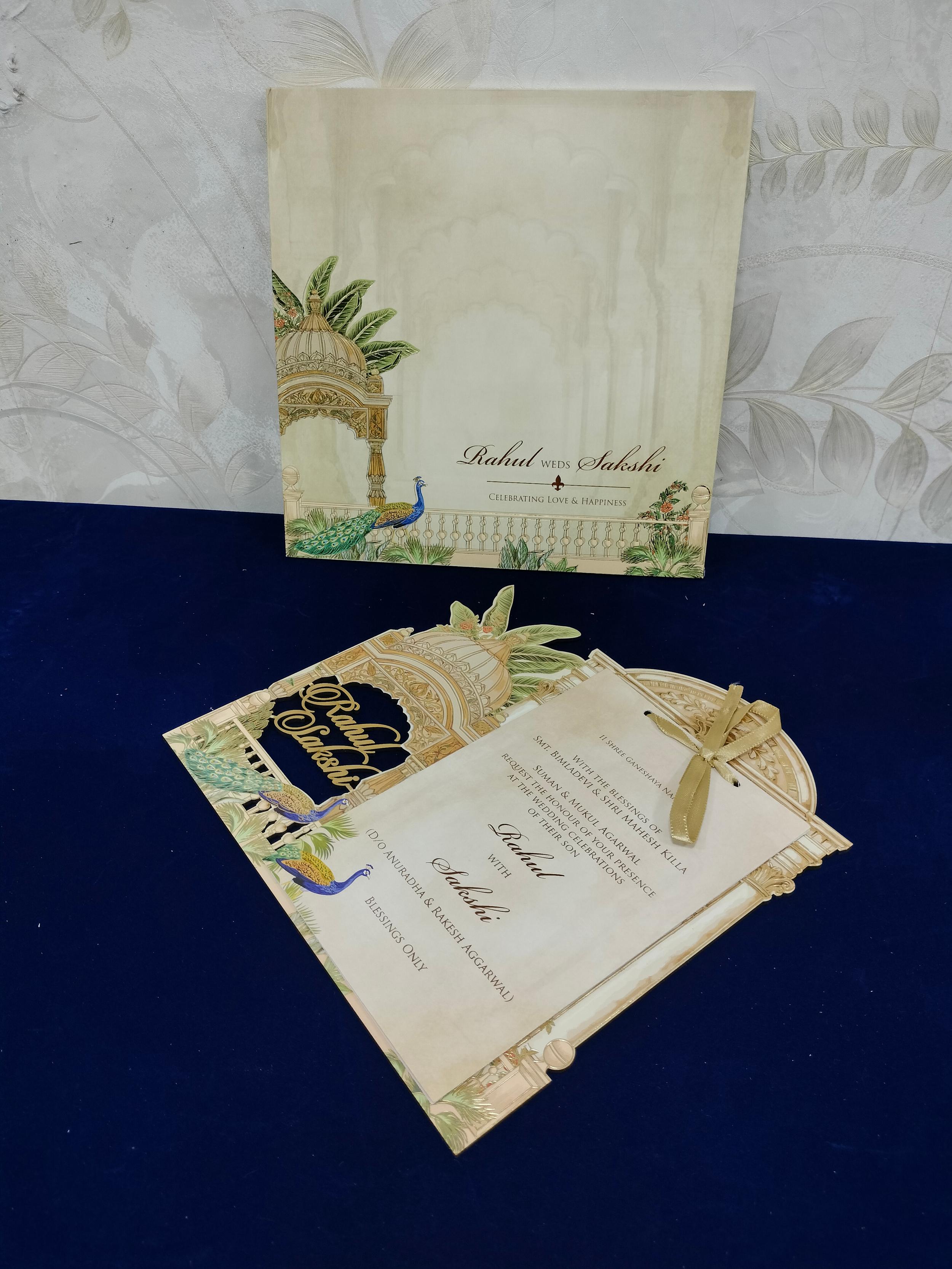 Golden Palace Peacock Wedding Invitation Card (3475)