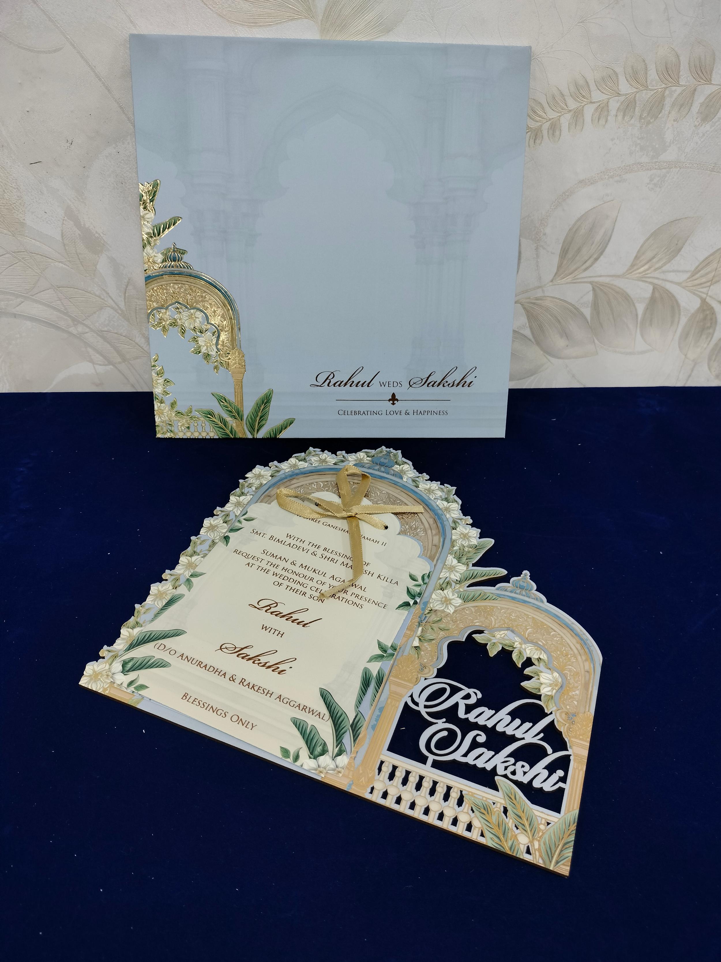 Pastel Blue Royal Jharokha Wedding Invitation Card (3477)
