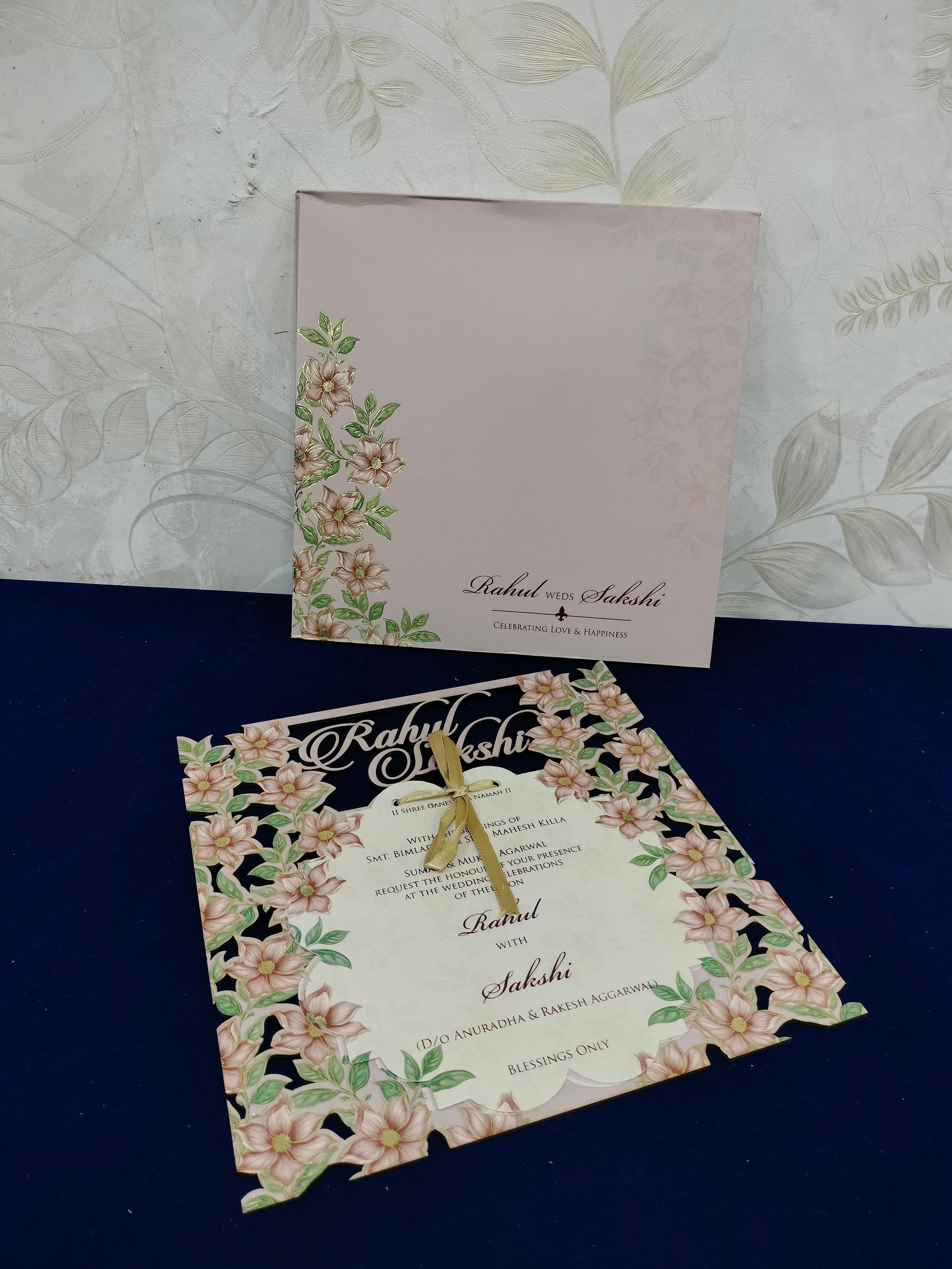Blush Pink Floral Die Cut Wedding Invitation Card (3481)