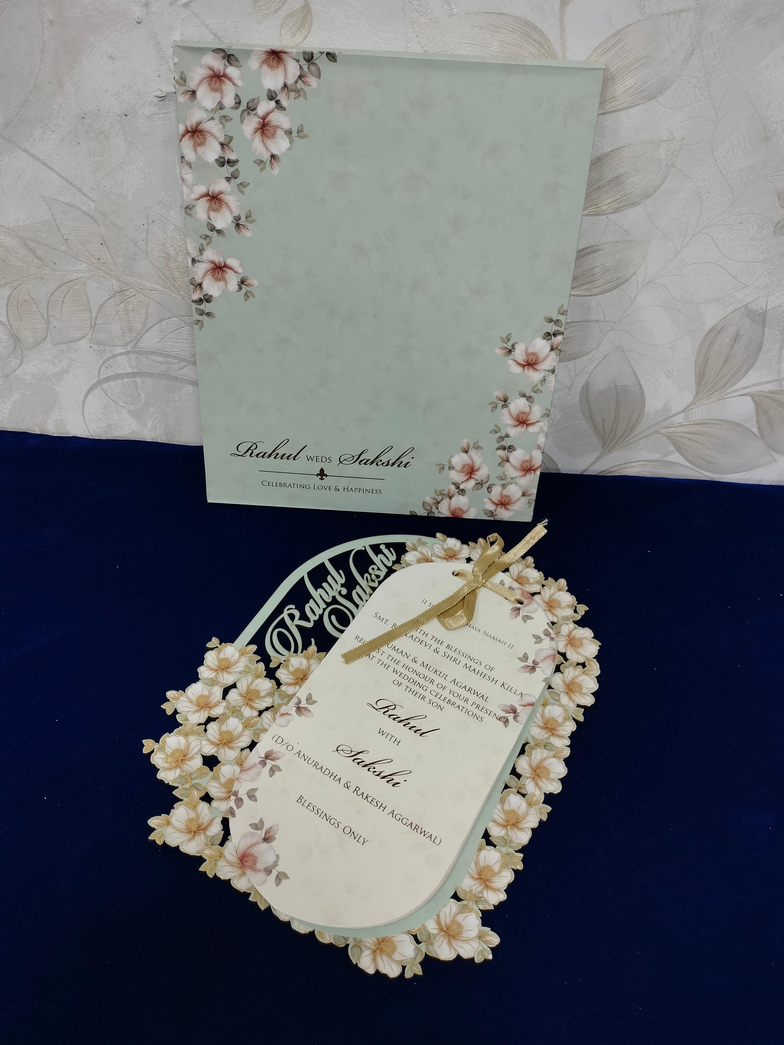 Mint Green Floral Die Cut Wedding Invitation Card (3484)