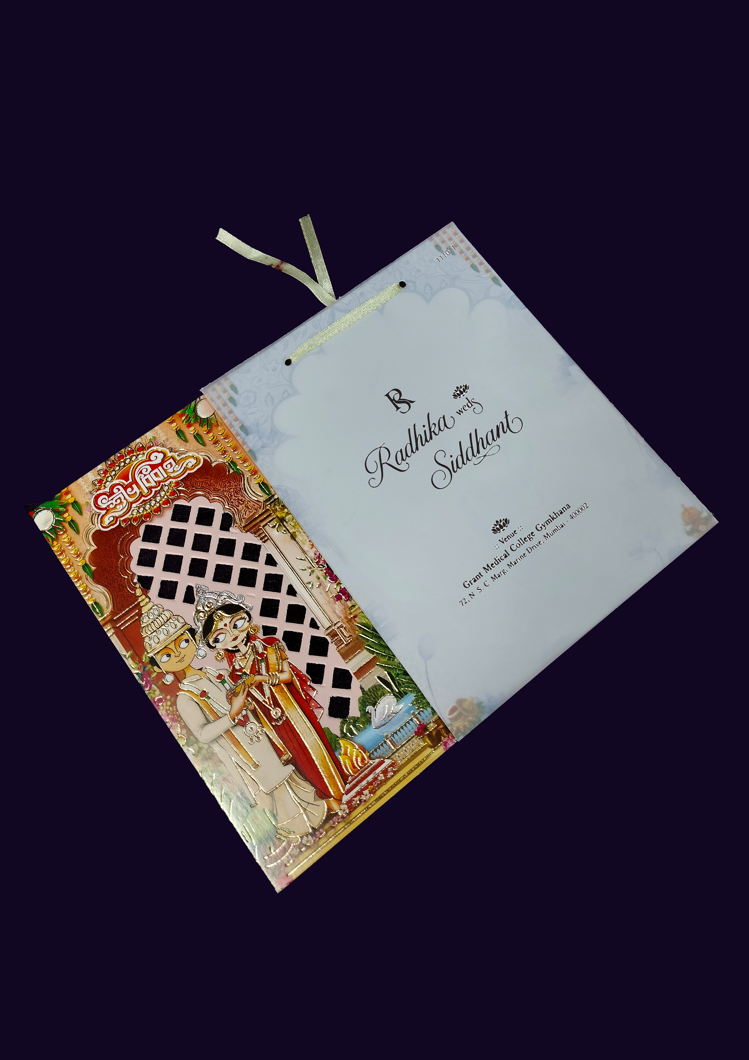 Illustrated Indian Bride and Groom Wedding Invitation Card with Ribbon Handle (539-Padded)