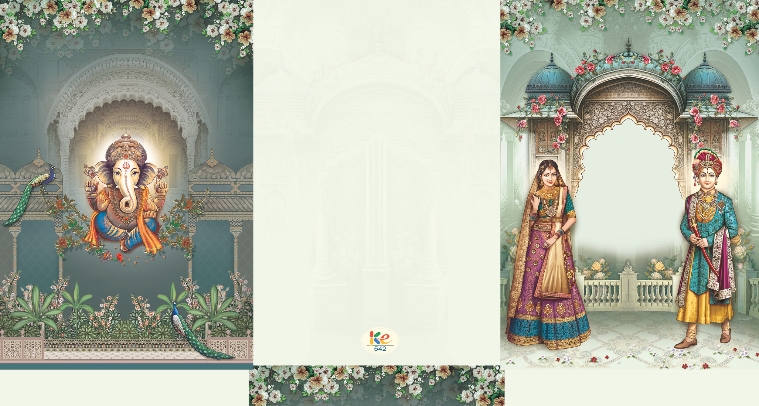 Mint Blue Wedding Card featuring Lord Ganesha and Traditional Royal Bride Groom Artwork (542) — photo 1