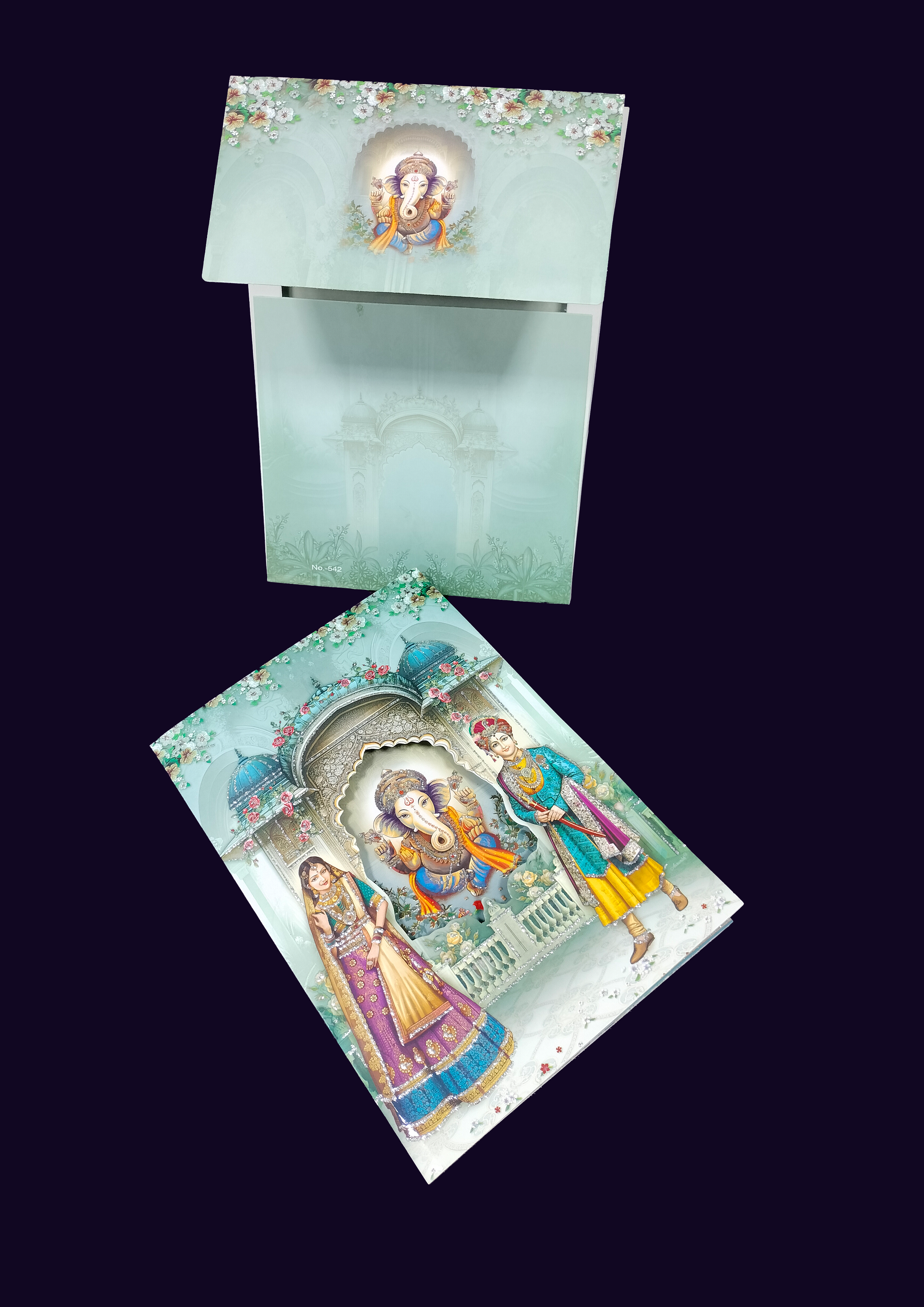 Mint Blue Wedding Card featuring Lord Ganesha and Traditional Royal Bride Groom Artwork (542) — photo 2