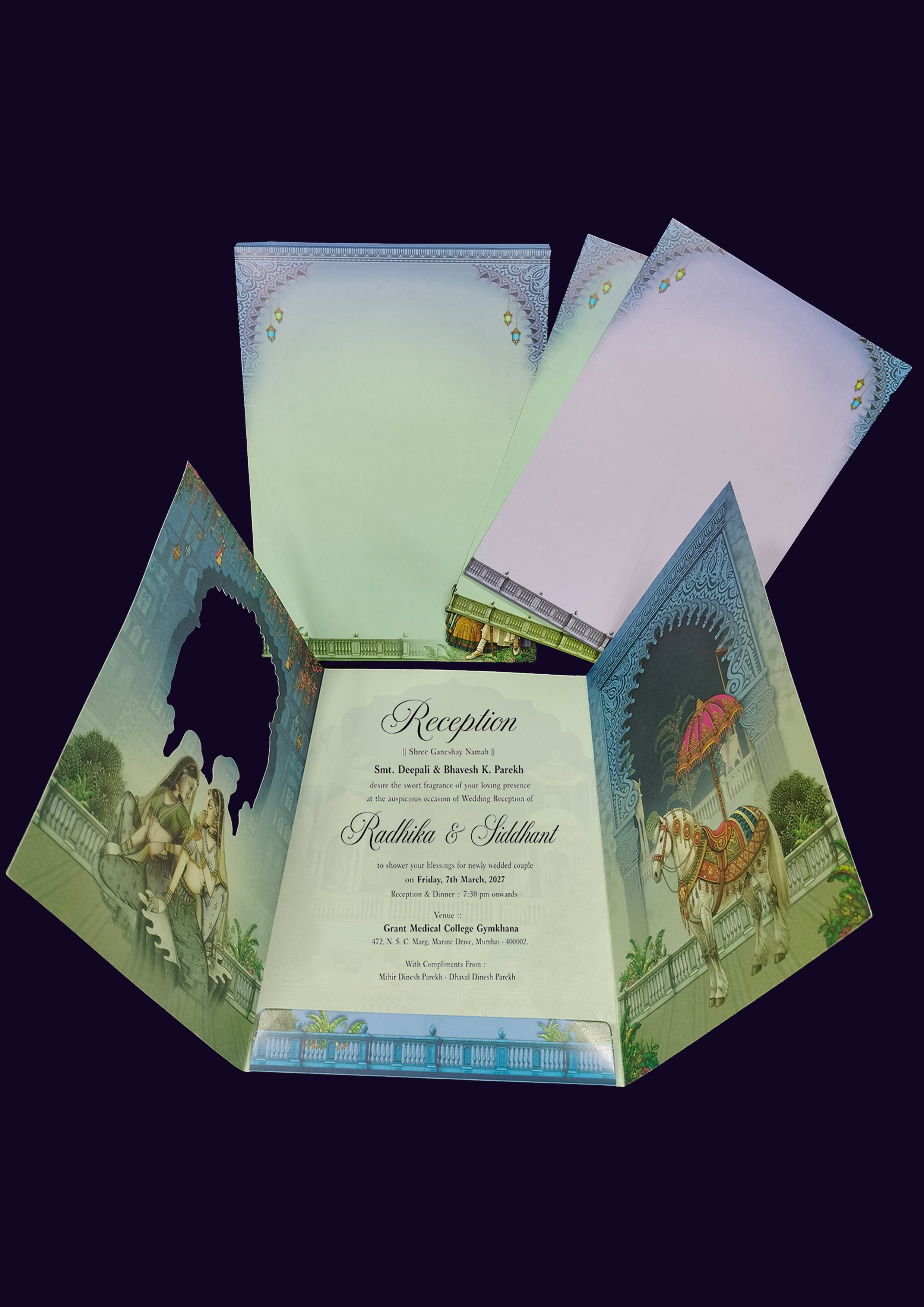 Mint Blue Wedding Card featuring Lord Ganesha and Traditional Royal Bride Groom Artwork (542) — photo 4