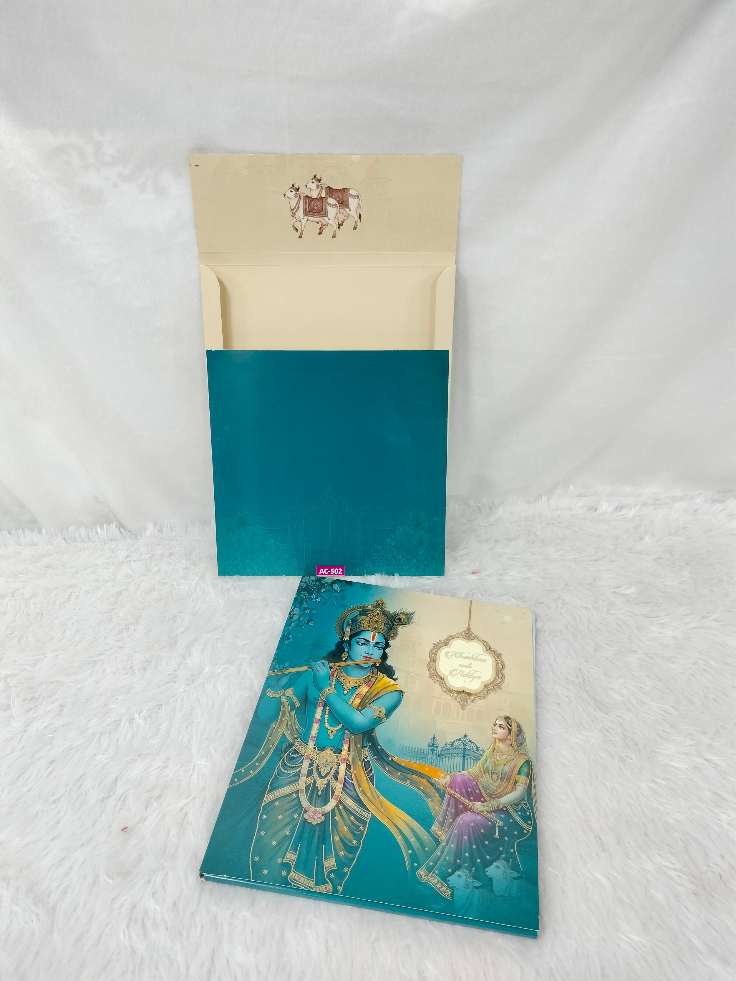 Traditional Radha Krishna Flute Artwork Teal and Gold Wedding Invitation Card (AC-502)
