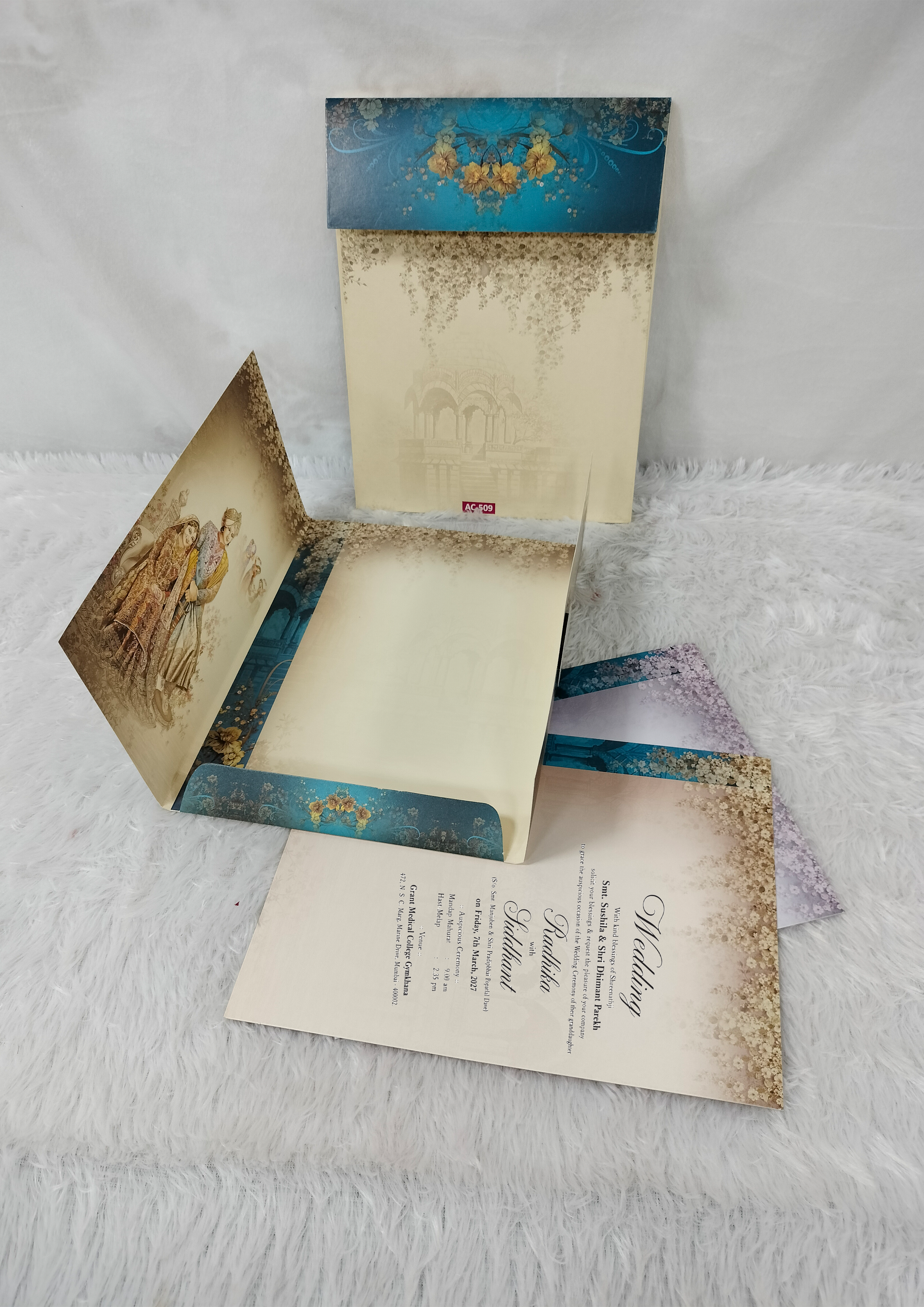 Teal Blue Traditional Indian Bride Groom Illustration Wedding Invitation Card (AC-509)