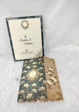 Dark Teal Wedding Invitation Card with Golden Floral Patterns and Ornate Frame (AC-510) thumbnail 1
