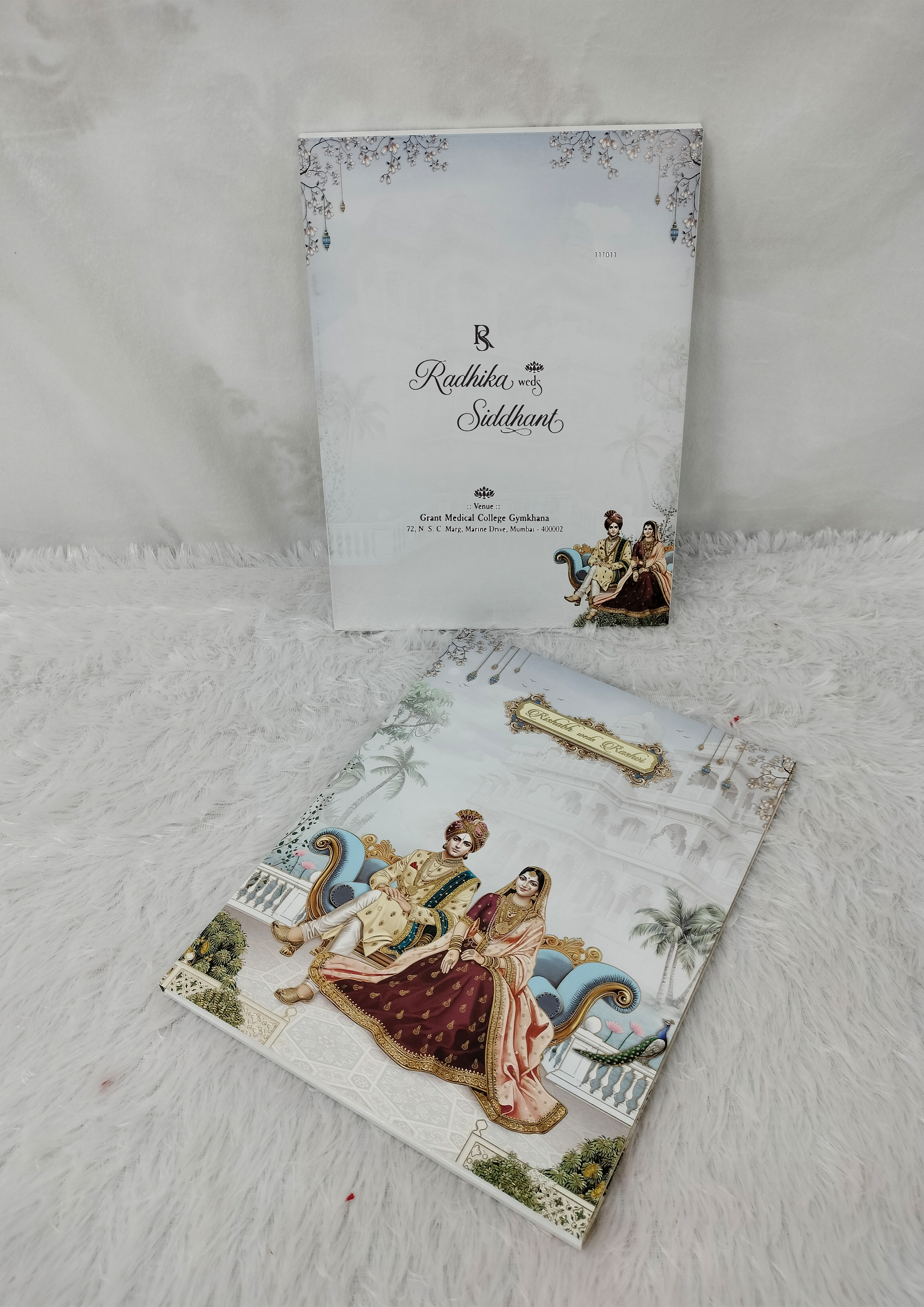 Royal Indian Couple Illustration Wedding Card with Palace Backdrop (AC-511)