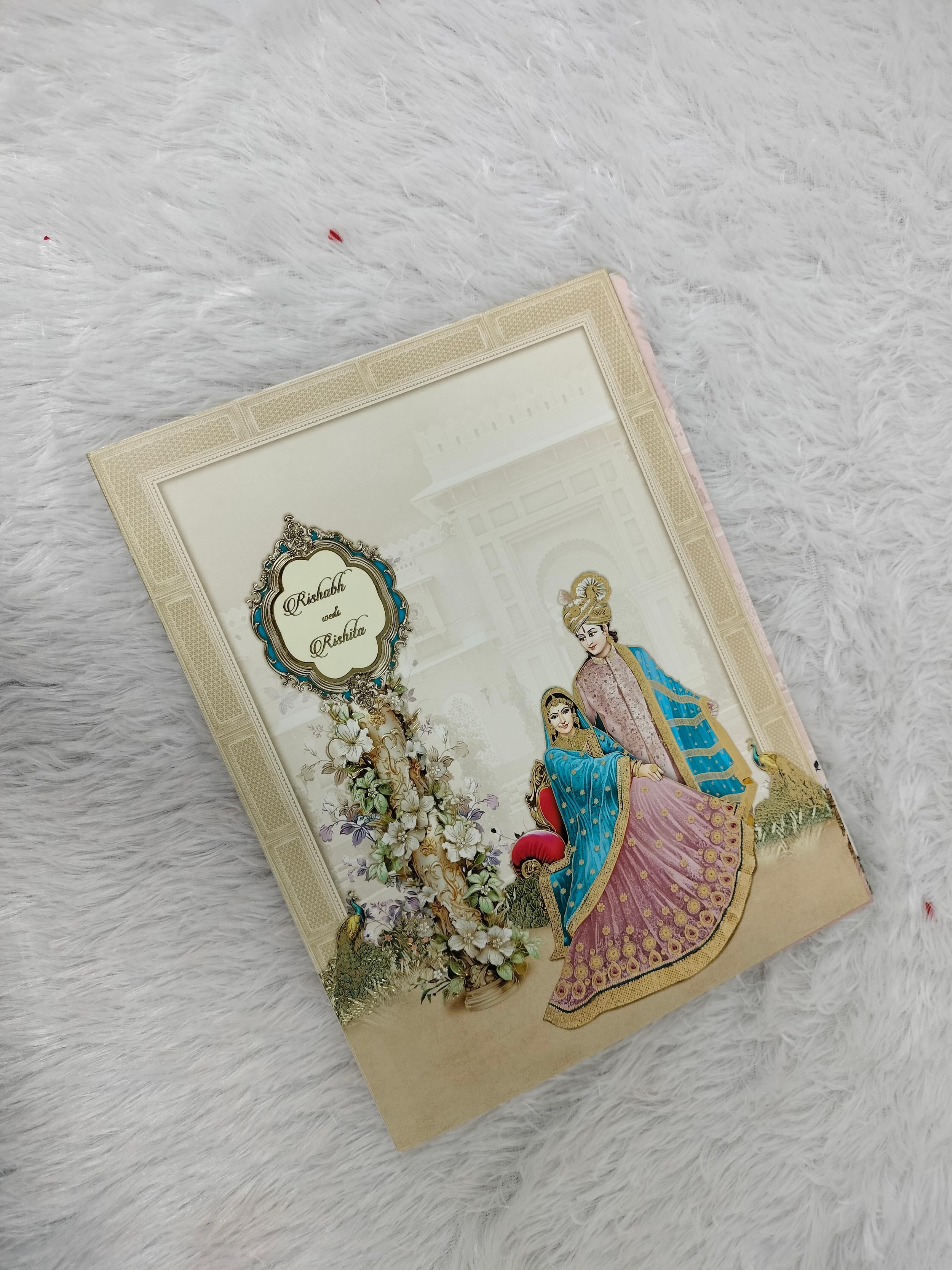 Blush Pink Wedding Invitation Card with Floral Wreath and Palace Pillars (AC-515)