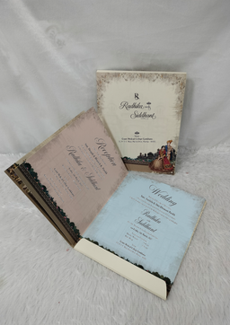 Traditional Cream Wedding Invitation Card with Palace Architecture and Couple Illustration (AC-521) thumbnail 2