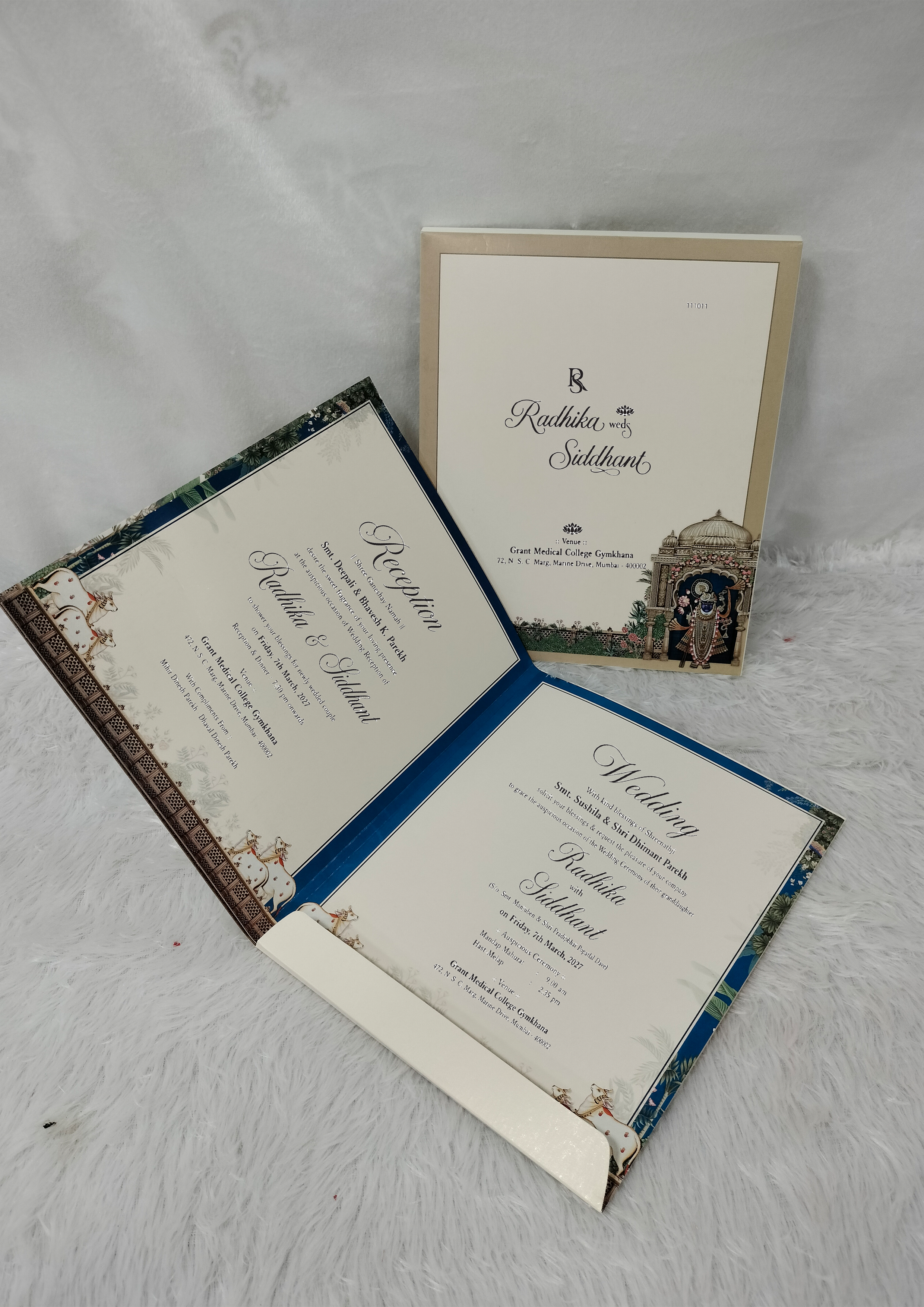Cream Shrinathji Pichwai Theme Wedding Card with Sacred Cows (AC-524)