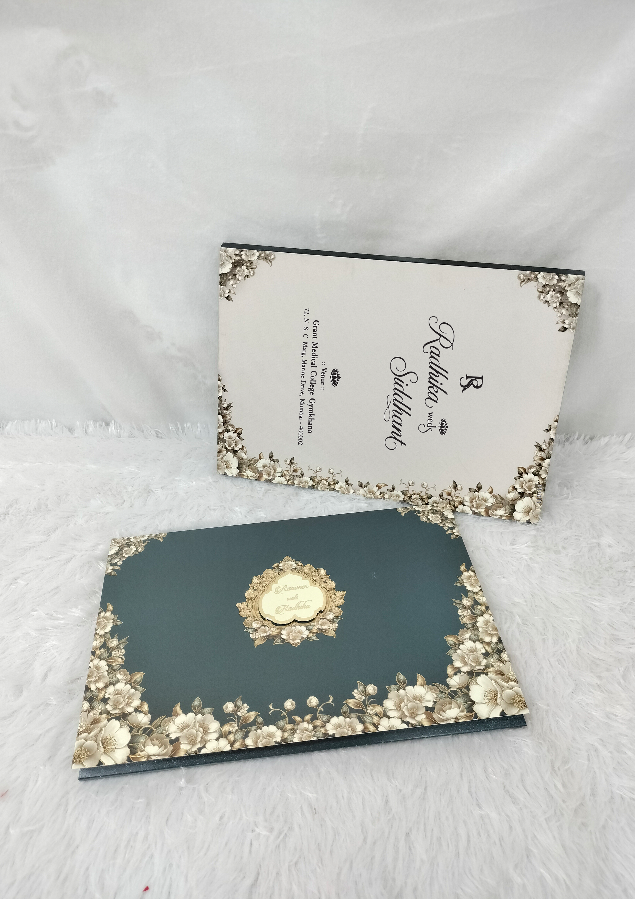 Dark Teal Wedding Card with Golden Floral Border and Central Crest Frame (AC-529)