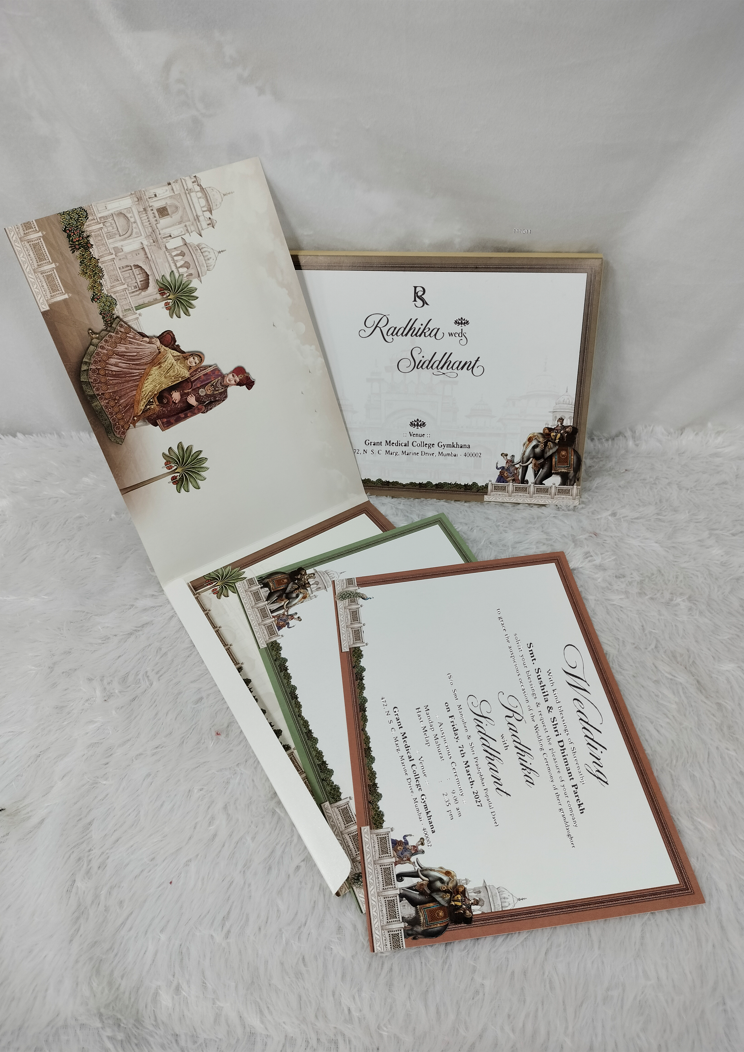 Royal Indian Wedding Card with Elephant Procession and Palace Artwork (AC-531)