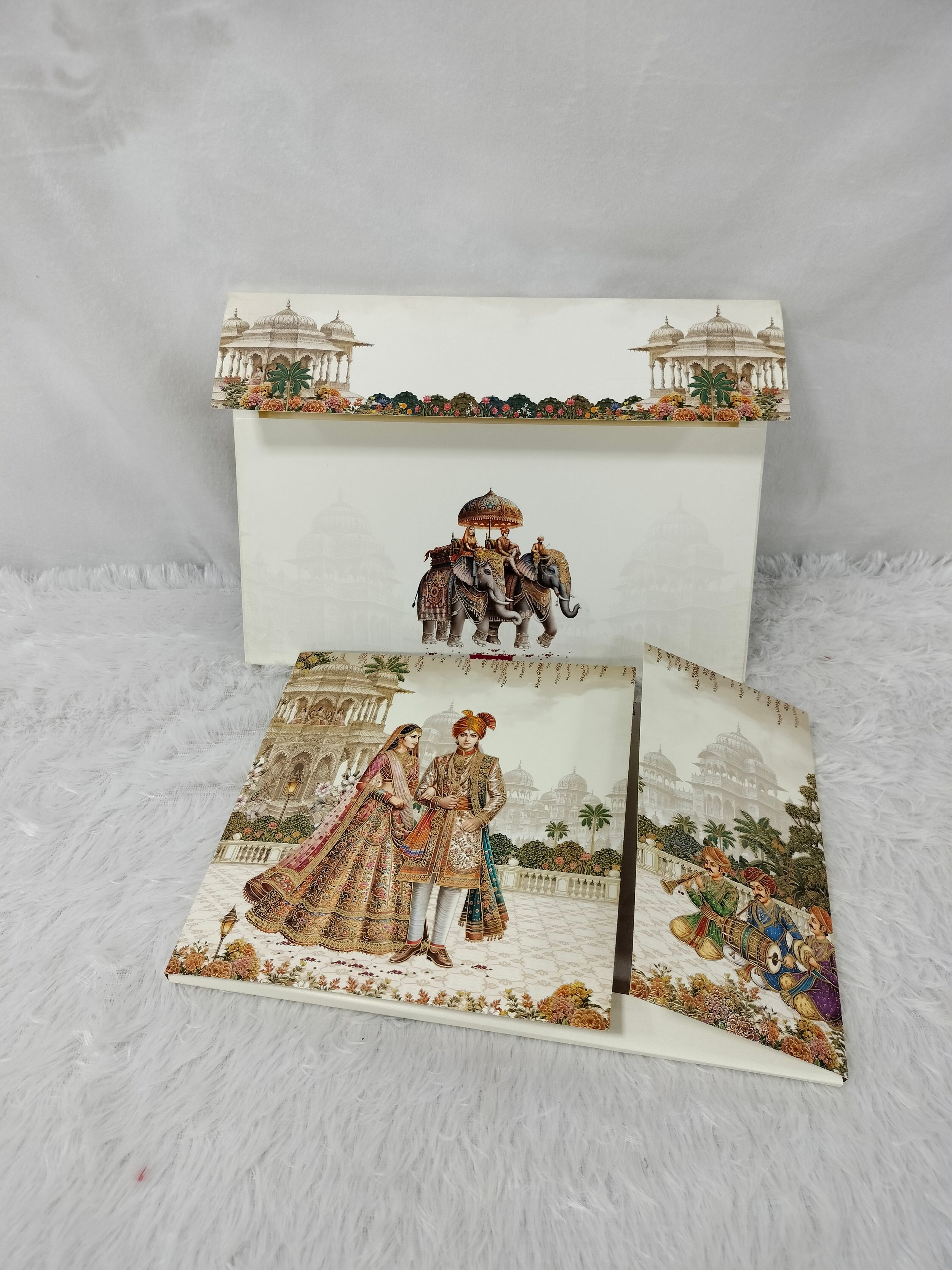 Cream Traditional Indian Bride Groom Palace Architectural Wedding Invitation Card (AC-537)