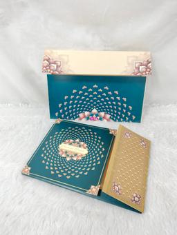 Teal and Gold Wedding Invitation Card with Lotus Mandala Pattern (AC-538) thumbnail 1