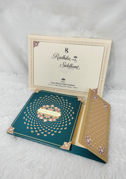 Teal and Gold Wedding Invitation Card with Lotus Mandala Pattern (AC-538) thumbnail 2