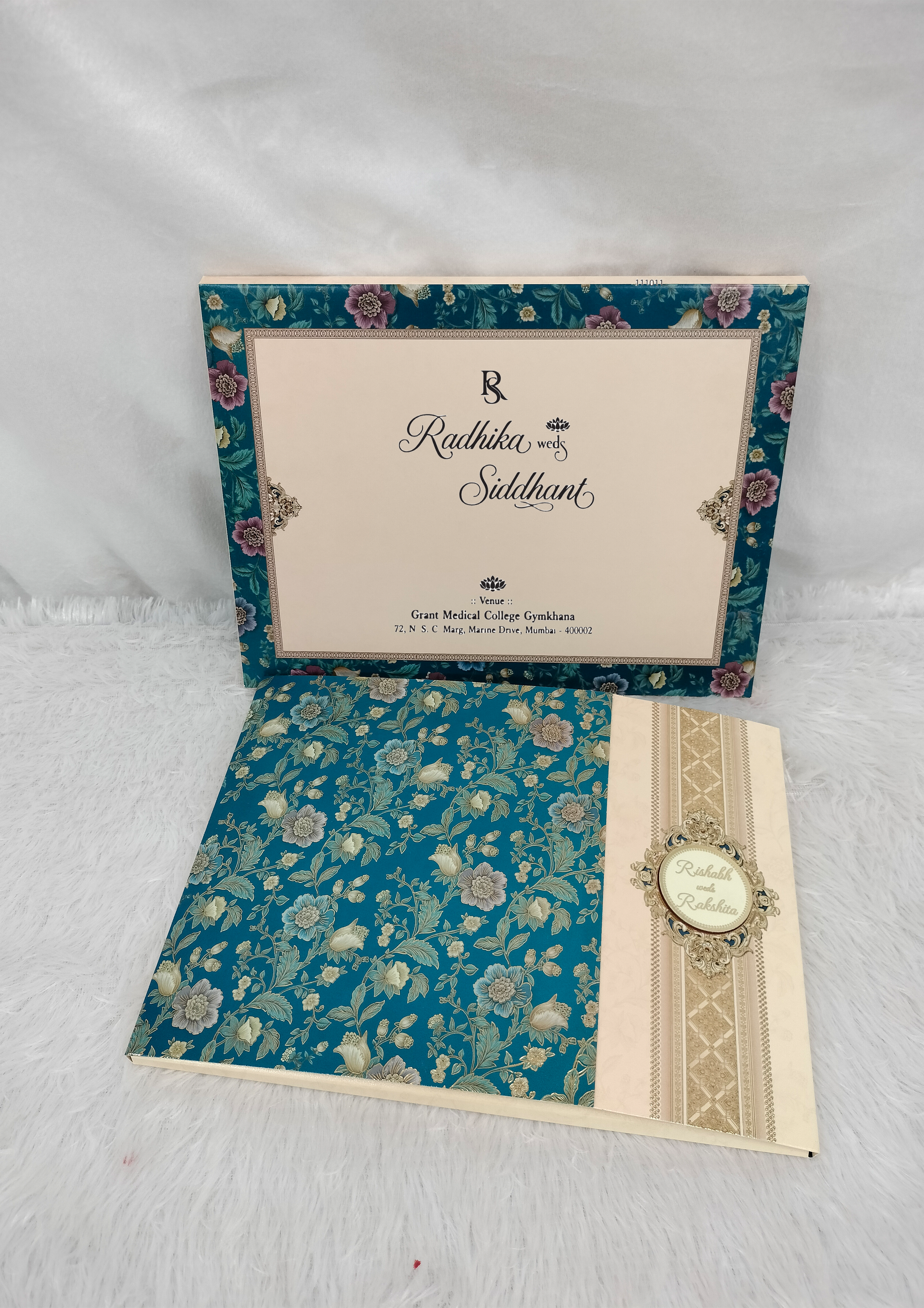 Teal Blue Wedding Invitation Card with Floral Artwork and Cream Gold Border (AC-541)
